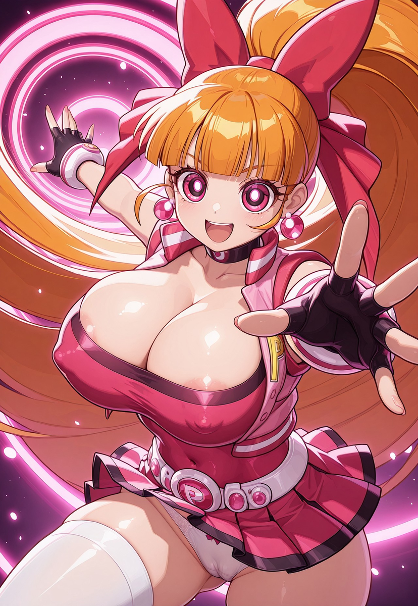 ai_generated belt blunt_bangs blush cameltoe choker cleavage covered_erect_nipples earrings fingerless_gloves gloves gluteal_fold hair_ribbon huge_breasts long_hair looking_at_viewer momoko_akatsutsumi open_mouth orange_hair panties pink_dress pink_eyes pink_jacket powerpuff_girls_z short_dress short_skirt skindentation skirt_lift sleeveless thighhighs white_legwear white_panties white_thighhighs