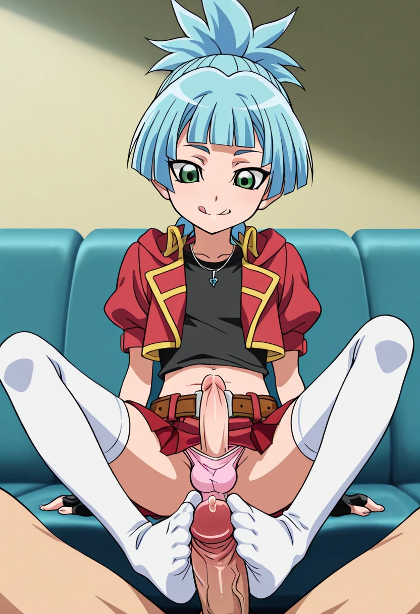 1boy 2boys :q ai_generated aqua_hair clothed_male_nude_male couch crossdressing erection footjob footjob_with_legwear green_eyes josou_seme male_focus multiple_boys nude otoko_no_ko panties penis pink_panties precum shiun'in_sora sidelocks sitting solo_focus sora_perse spread_legs testicles thighhighs tongue tongue_out trap two-footed_footjob under_clothes underwear yaoi yu-gi-oh! yu-gi-oh!_arc-v