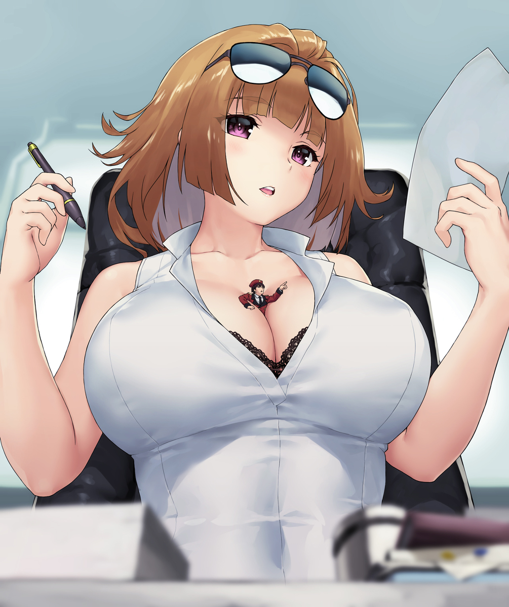 1boy 1boy1girl 1girls between_breasts big_breasts blonde_hair breasts female giantess glasses glasses_on_head micro purple_eyes tagme teston workplace