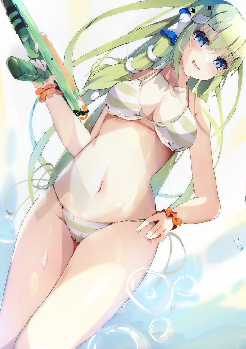 bikini blue_eyes breasts cleavage commentary_request female frog_hair_ornament green_bikini green_hair hair_ornament hair_tubes hand_on_own_hip highres holding holding_water_gun kochiya_sanae large_breasts long_hair looking_at_viewer mikan923 navel open_mouth snake_hair_ornament solo striped_bikini striped_clothes swimsuit touhou water_gun white_bikini