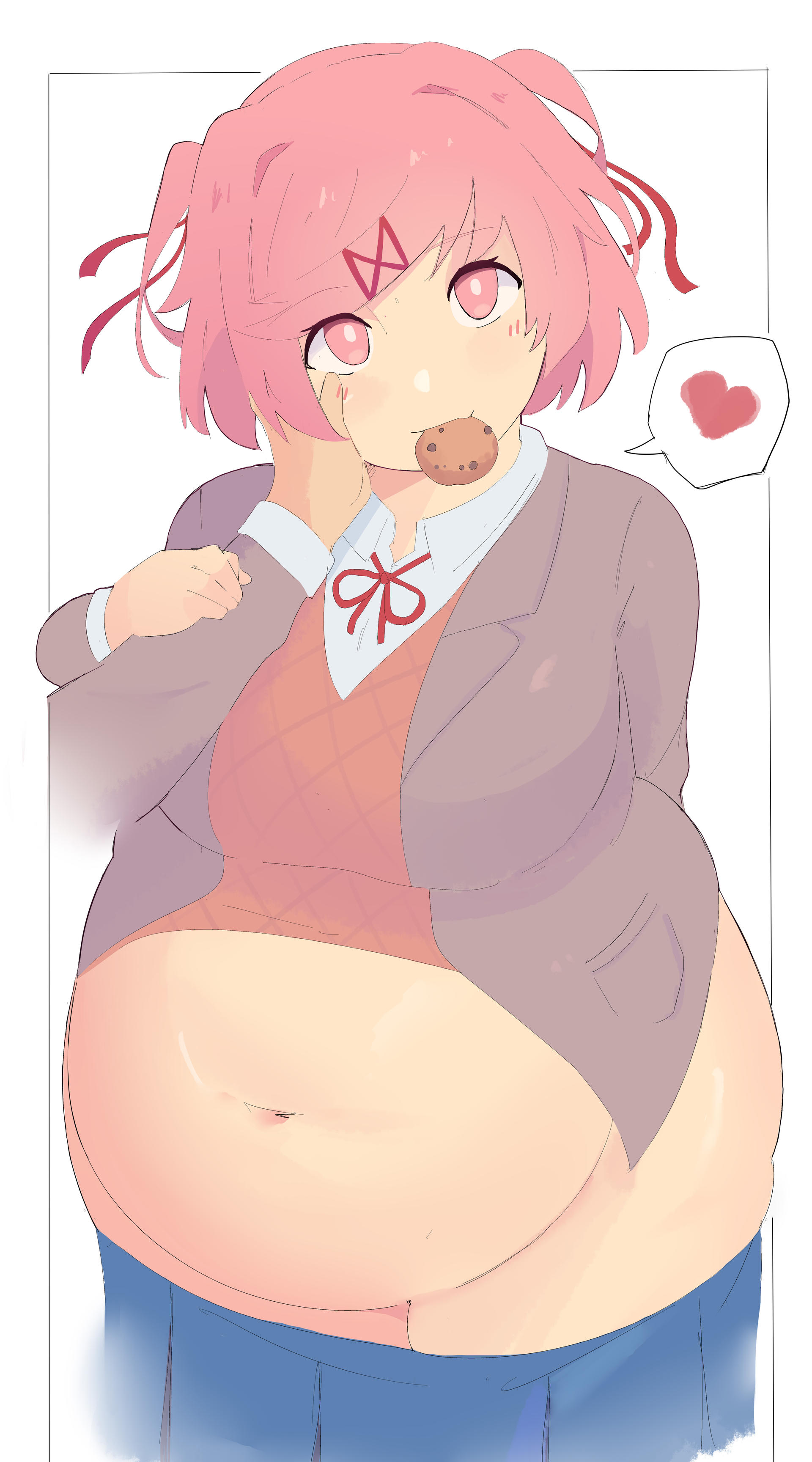1girls, bbw, big belly, chubby, chubby female, cookie in mouth, curvaceous, curvy, curvy body, curvy female, curvy figure, doki doki literature club, english text, fat, female, morbidly obese, napolitane, natsuki (doki doki literature club), obese, obese female, pink hair, plump, text, thick thighs, wholesome, wide hips