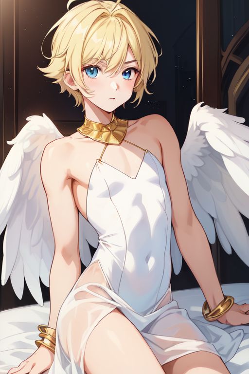 ai_generated angel angel_boy angel_wings blonde_hair blonde_male cute dress femboy femboysub male sheer_clothing sheer_dress small smooth soft twink white_dress