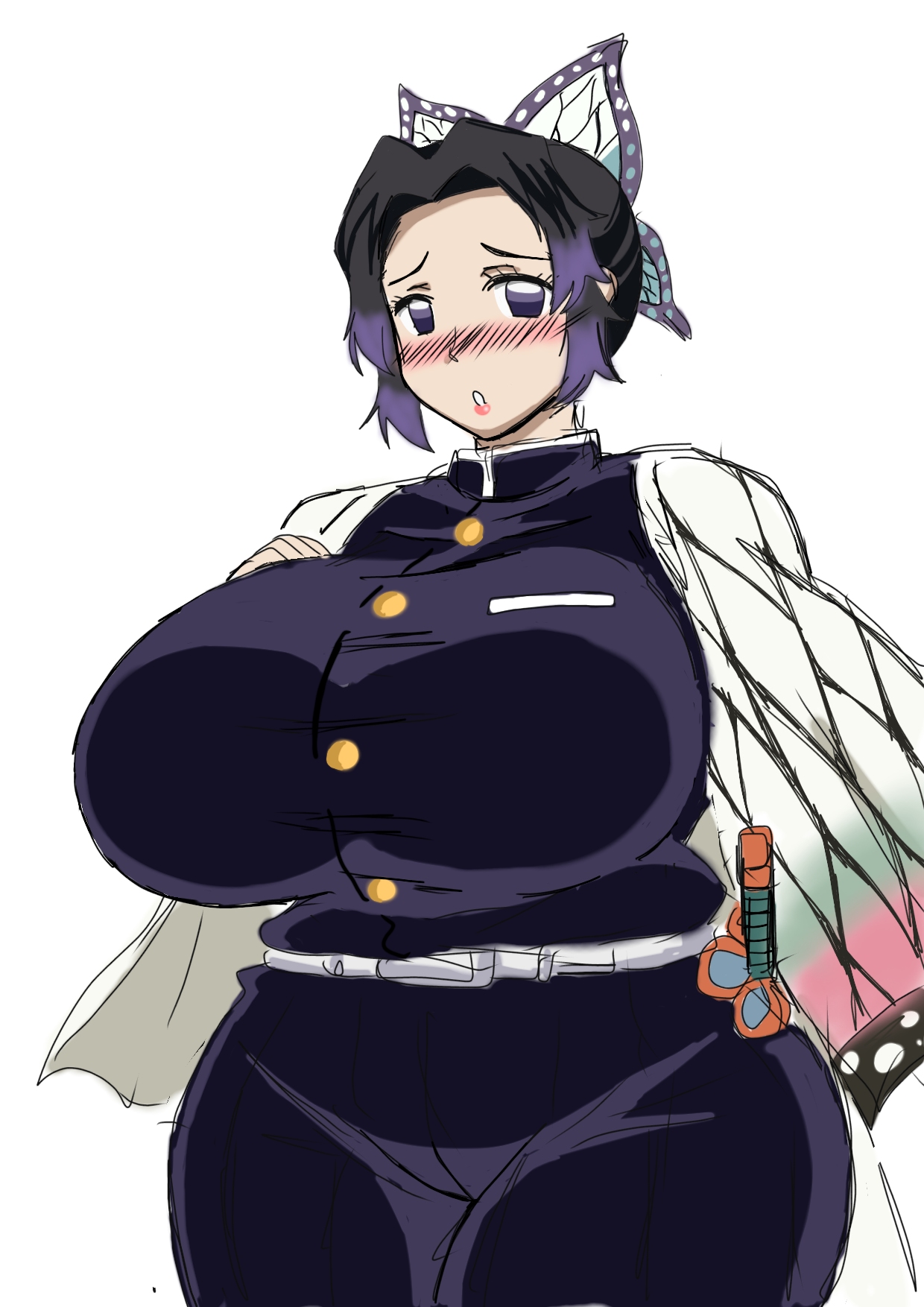 big breasts, black hair, blush, breasts, butterfly hair ornament, clothing, cowboy shot, demon slayer, female, female only, fully clothed, haori, huge breasts, kimetsu no yaiba, kochou shinobu, looking at viewer, momiji (artist), purple eyes, solo, two-tone hair, venus body, wide hips