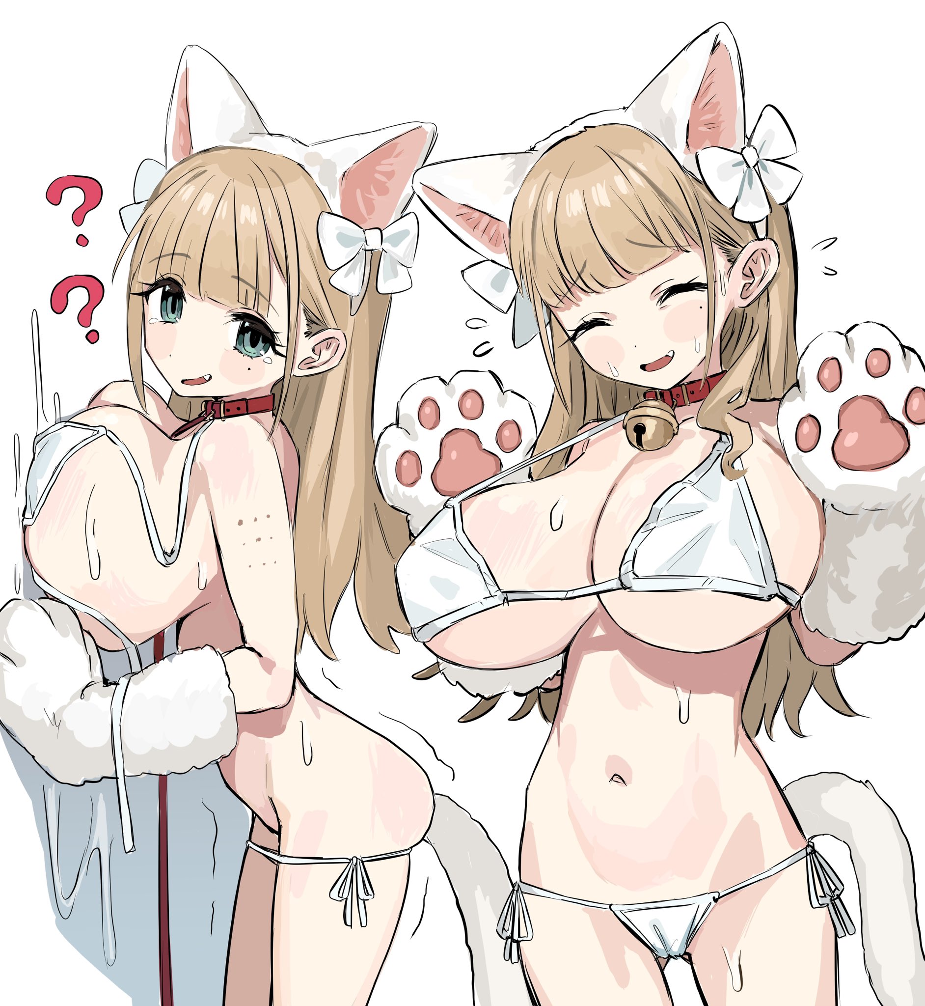 aqua eyes, bfmelu, black pupils, blush, breasts, brown hair, cat ears, cat paws, cat tail, closed eyes, embarrassed, fake animal ears, fake tail, fang, female, flying sweatdrops, huge breasts, long hair, loose bikini, mature female, micro bikini, milf, mole under eye, multiple views, paw gloves, photoshoot, white bikini
