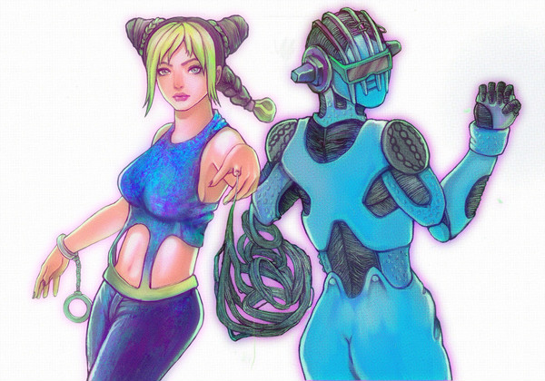 2girls ass blue_skin breasts female humanoid jojo's_bizarre_adventure jolyne_kujo shounen_jump stand_(jjba) stone_free stone_ocean