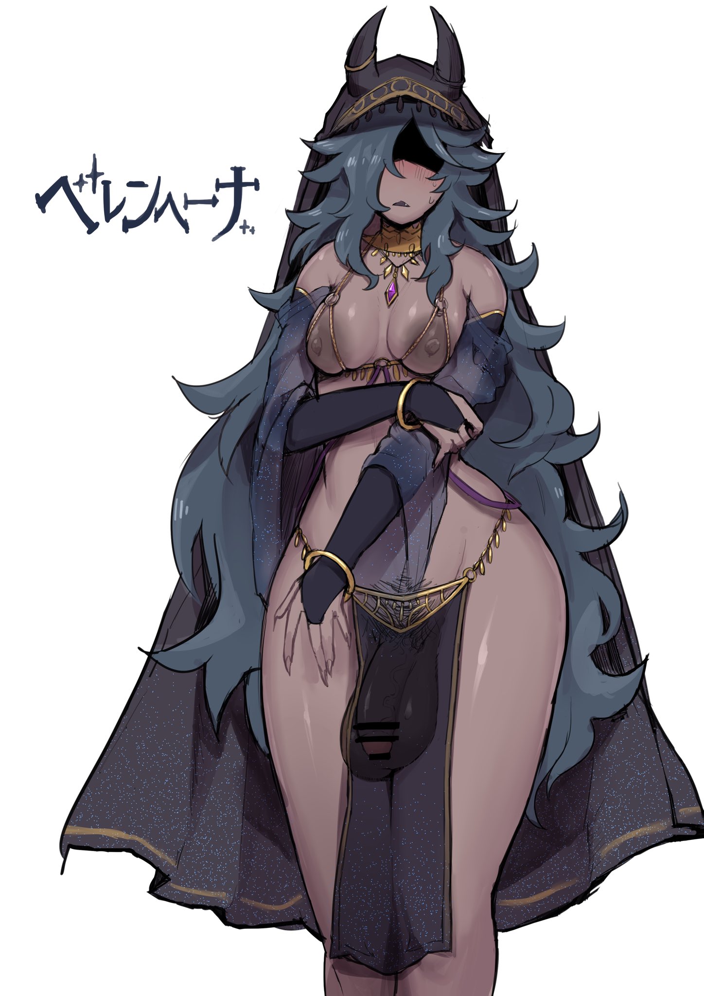1futa, areolae, balls, big balls, big penis, blue hair, breasts, bridal gauntlets, censored, clothed, clothing, futa only, futanari, hood, horns, humanoid, intersex, jewelry, kusonikumarukun, loincloth, long hair, medium breasts, messy hair, mostly nude, no eyes, penis, see-through, solo, standing, very long hair, wide hips