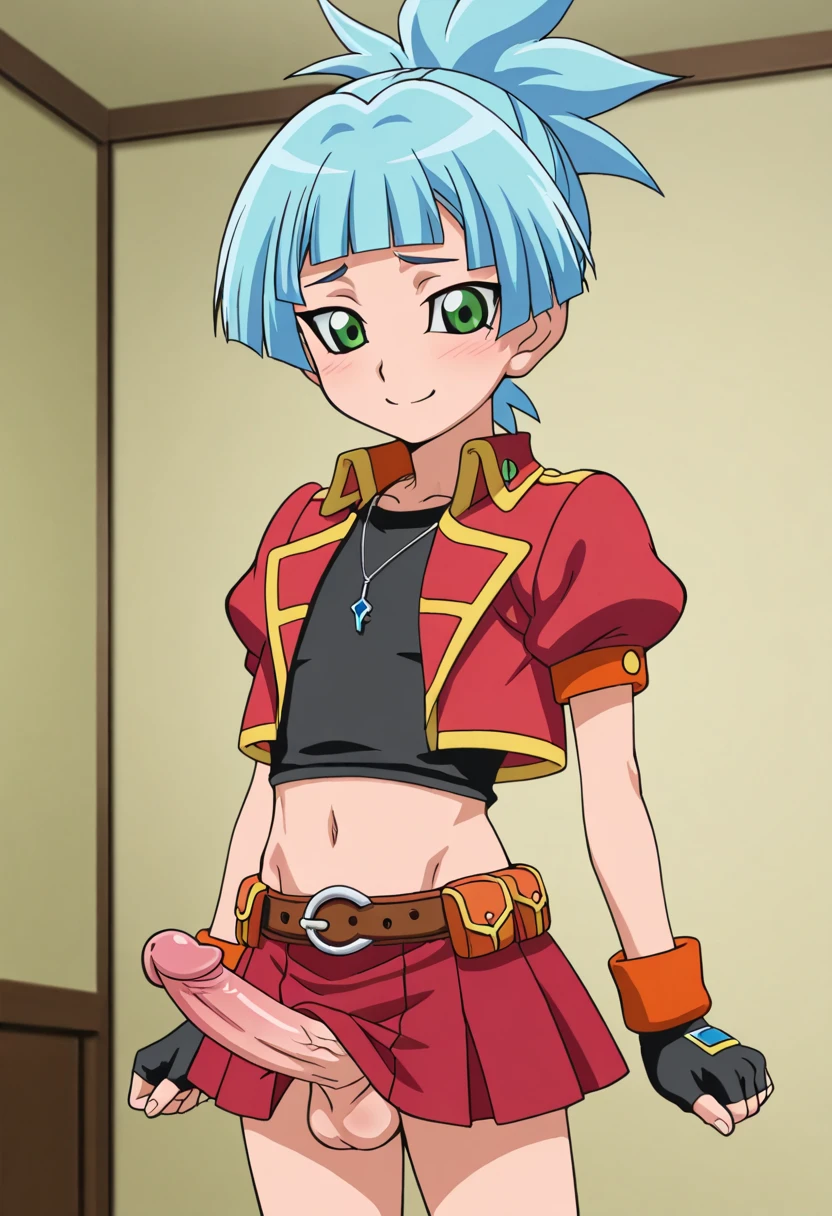 1boy ai_generated aqua_hair crossdressing erect erection femboy feminine_body feminine_male green_eyes penis shiun'in_sora smile sora_perse trap yu-gi-oh! yu-gi-oh!_arc-v