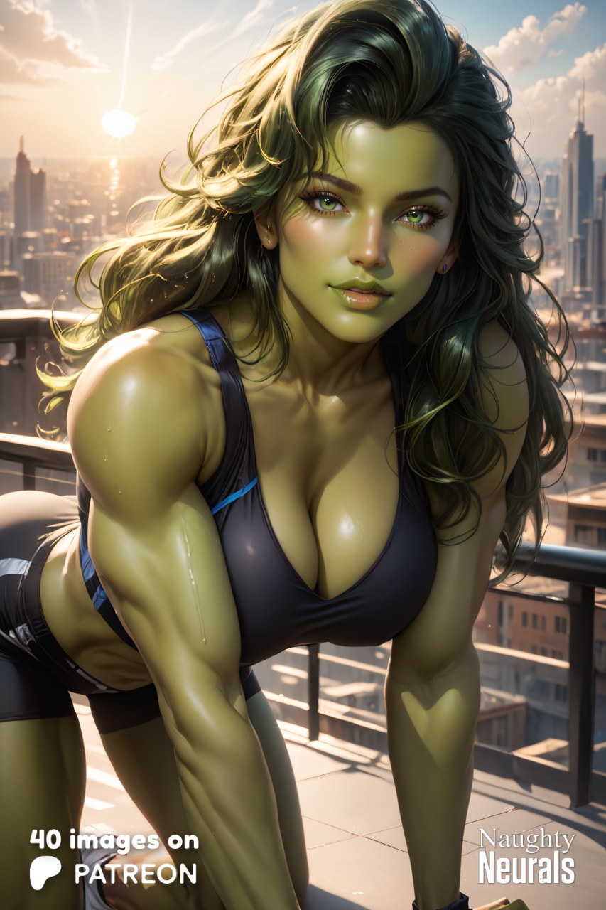 abs ai_generated big_breasts breasts female_only green_eyes green_hair green_skin huge_breasts jennifer_walters large_breasts marvel marvel_comics muscular muscular_female naughty_neurals she-hulk solo_female thick_thighs wide_hips