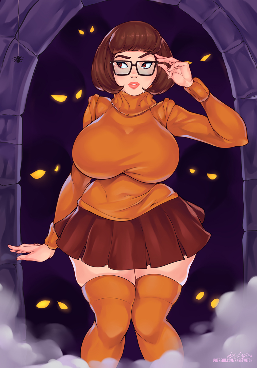 1girls, ange1witch, breasts, cleavage, female, hanna-barbera, huge breasts, scooby-doo, signature, solo focus, text, thick thighs, velma dinkley, wide hips