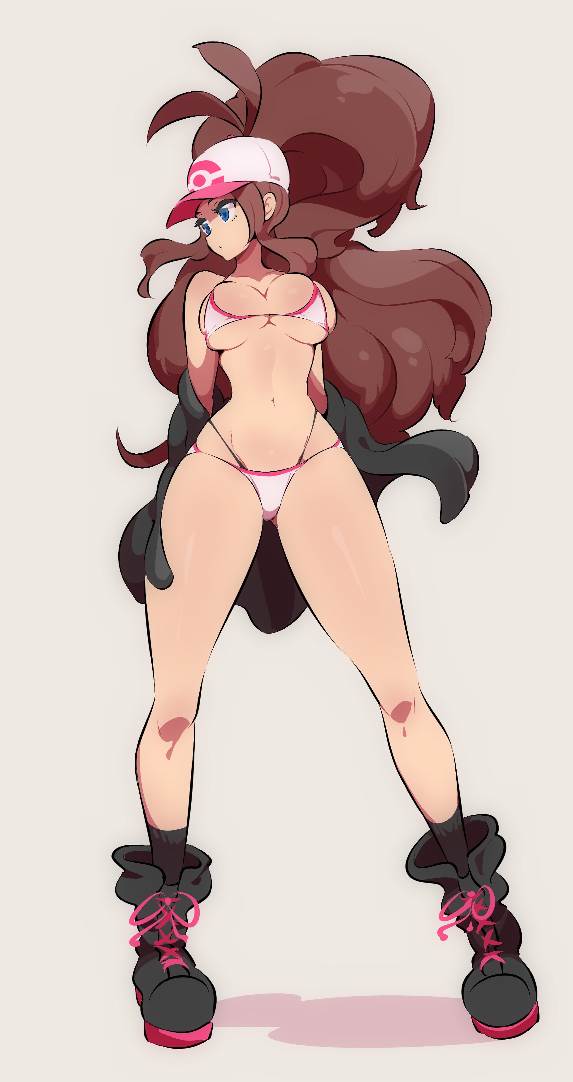 1girls, 2021, barely clothed, barely contained, big breasts, bikini, black boots, black jacket, black socks, blue eyes, boots, breasts, brown hair, female, female focus, female only, hat, hi res, hilda (pokemon), hips, human, jacket, large breasts, long hair, long legs, long ponytail, looking away, looking to the side, nac000, nintendo, pokemon, pokemon bw, ponytail, simple background, slim waist, solo, solo female, standing, thick thighs, thighs, underboob, undressing, very long hair, white bikini, white hat, wide hips
