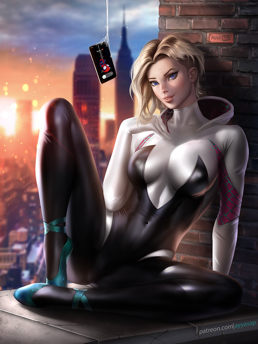 artist name, ayyasap, ballet slippers, blonde hair, blue eyes, blue sky, blurry, blurry background, bodysuit, breasts, cellphone, closed mouth, covered navel, day, eyebrow piercing, female, full body, gwen stacy, head tilt, leaning forward, legs apart, looking at viewer, marvel, marvel comics, medium breasts, nipple bulge, outdoors, phone, shiny clothes, short hair, sitting, skin tight, sky, smartphone, smile, solo, spider-gwen, spider-man (series), spread legs, squatting