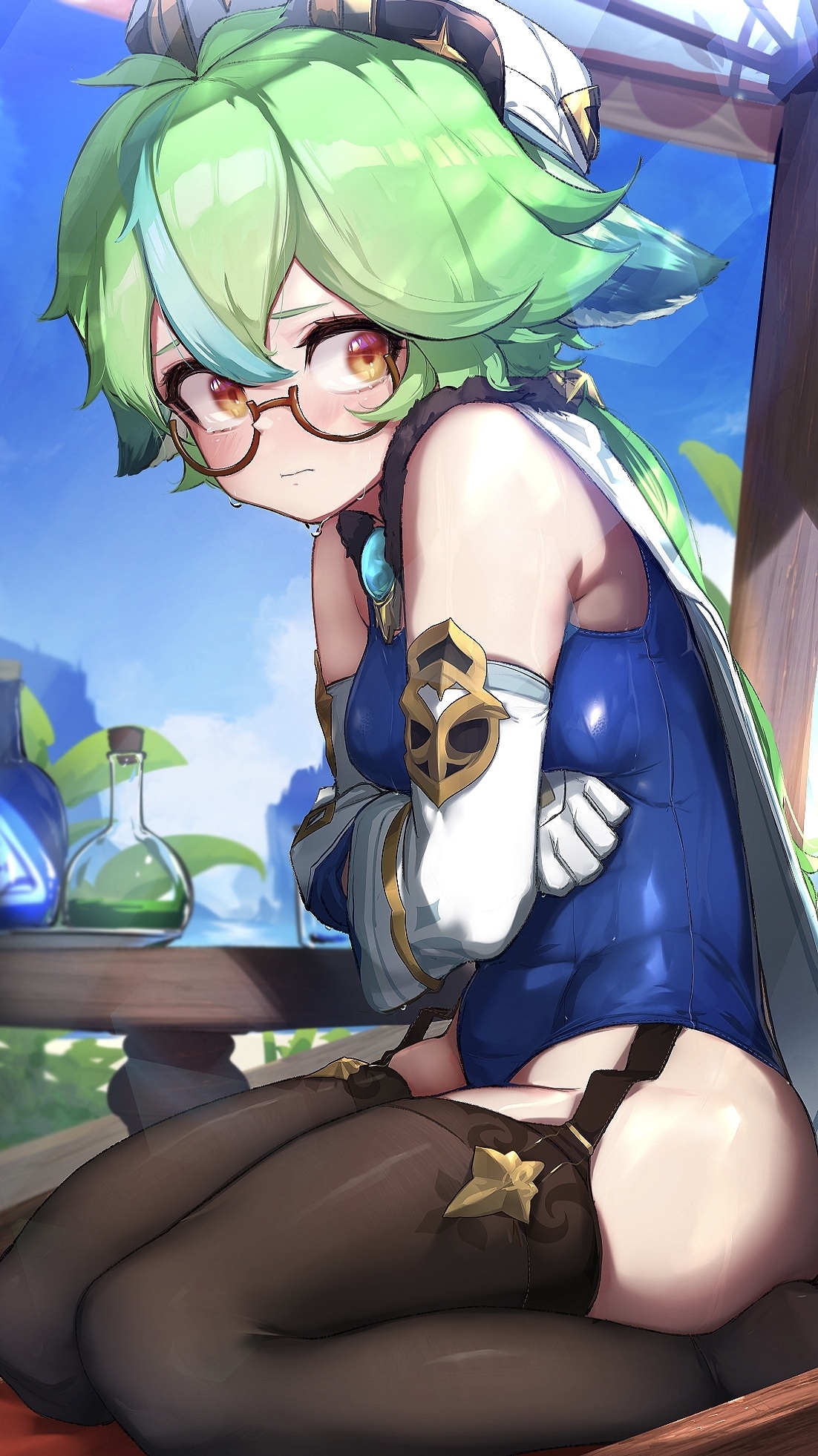 1girls, alternate costume, animal ears, armpits, bangs, bare shoulders, black legwear, blue sky, blue swimsuit, blunt bangs, blurry, blush, bottle, breast hold, breasts, cape, clenched hand, closed mouth, crossed arms, depth of field, detached sleeves, elbow gloves, embarrassed, eyewear, female, female only, from side, garter straps, genshin impact, glasses, gloves, green hair, groin, hair between eyes, hat, hi res, high resolution, highleg, highleg swimsuit, highres, hizake, jewelry, kashu (hizake), legwear, light skin, light-skinned female, looking to the side, medium breasts, multicolored hair, off shoulder, one-piece swimsuit, orange eyes, outdoors, potion, school swimsuit, semi-rimless eyewear, shiny, shiny clothes, shiny hair, shiny skin, short hair, sidelocks, sitting, skindentation, sky, solo, solo female, streaked hair, sucrose (genshin impact), sweatdrop, swimsuit, table, thighs, two-tone hair, vision (genshin impact), wariza, wavy mouth, wet, wet clothes, wet swimsuit, white gloves, wide hips