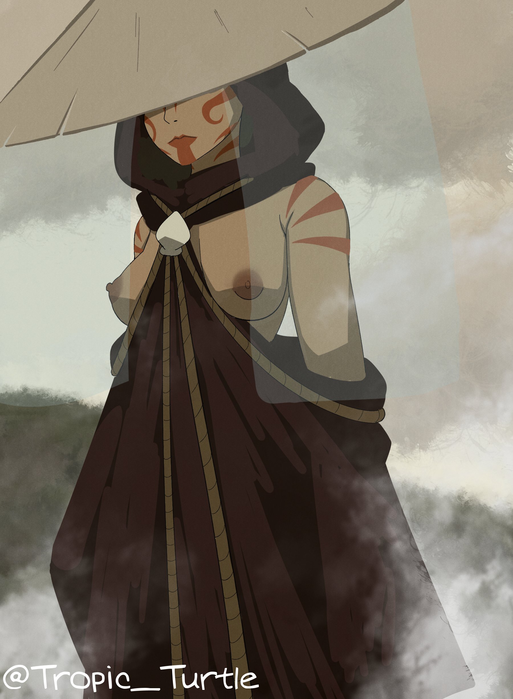 1girls, avatar the last airbender, big breasts, bodypaint, breasts, breasts out, clothing, dark skin, dark-skinned female, eyes covered, facepaint, feet out of frame, female, female only, hat, hood, katara, large breasts, nipples, painted lady, robe, tropic turtle