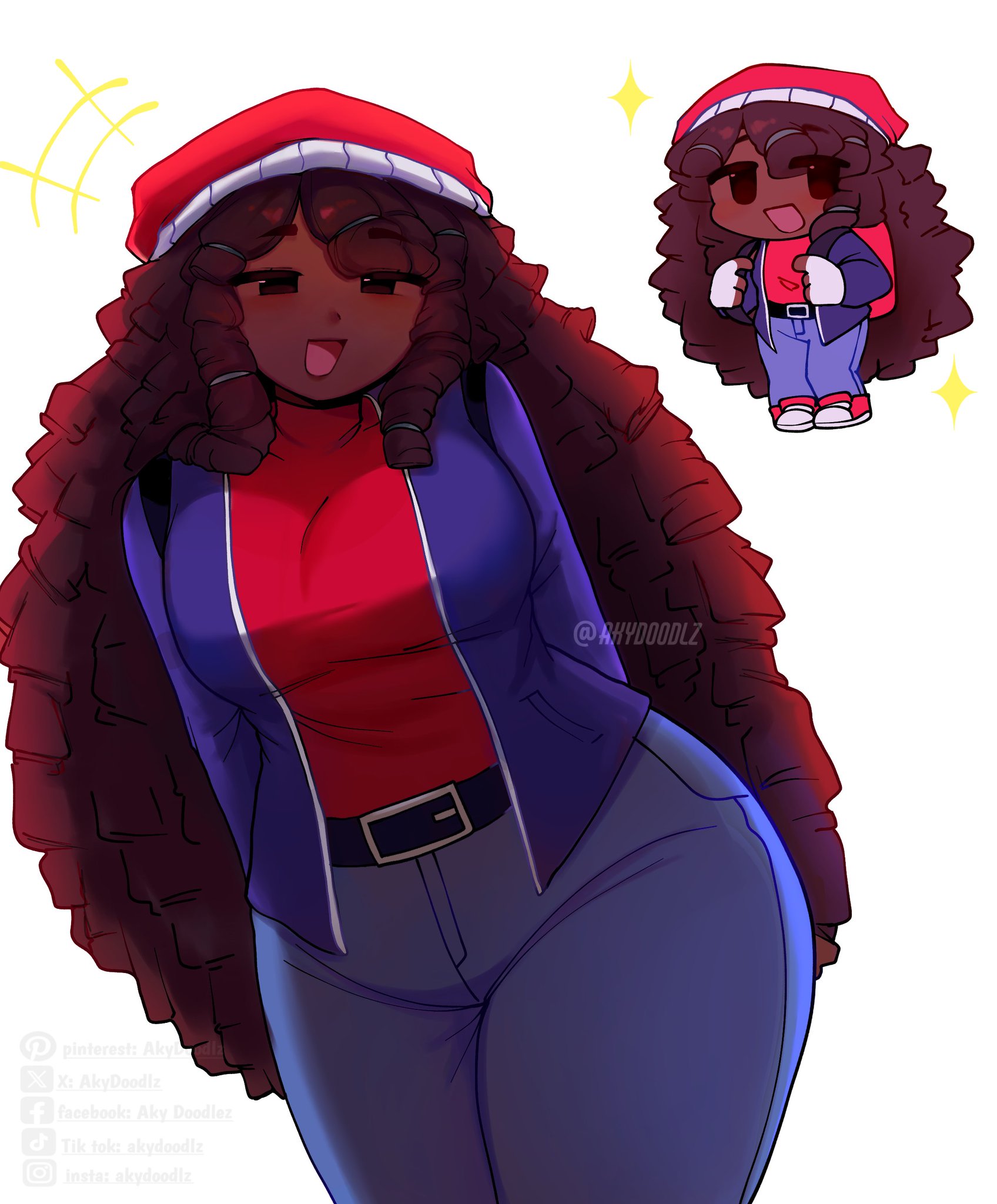 akydoodlz, breasts, brown hair, brunette, chibi, curly hair, dark-skinned female, friday night funkin, friday night funkin mod, hips, hypnos lullaby, looking at viewer, lullaby girlfriend (fnf redesign), lullaby girlfriend (fnf), thighs, trans woman, watermark