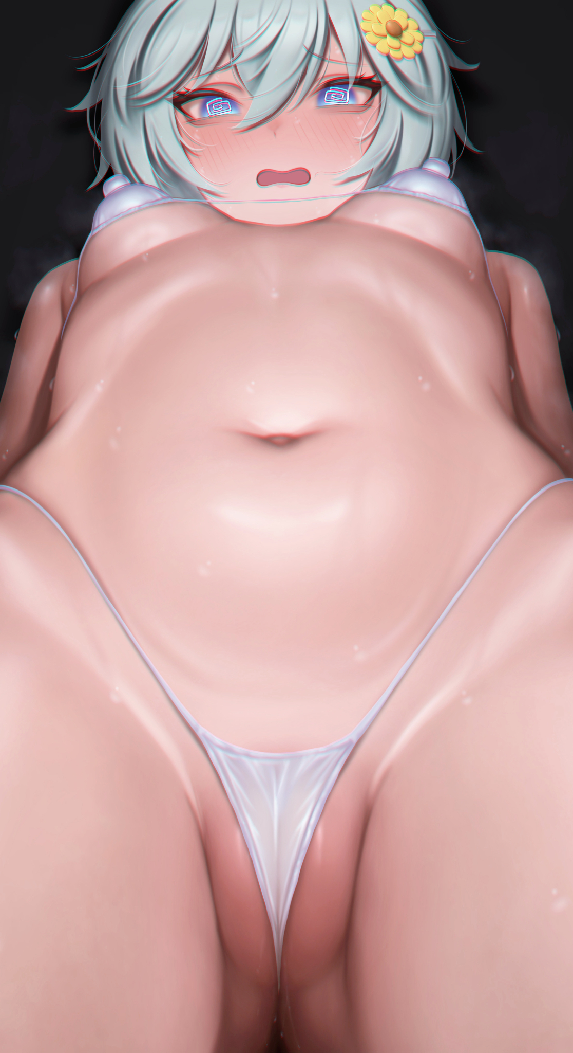 1girl, belly focus, blush, cameltoe, covered nipples, from below, grey hair, horse girl, looking at viewer, micro bikini, navel, nose blush, nov1527, open mouth, seiun sky (umamusume), short hair, solo, stomach, umamusume, umamusume pretty derby, white bikini