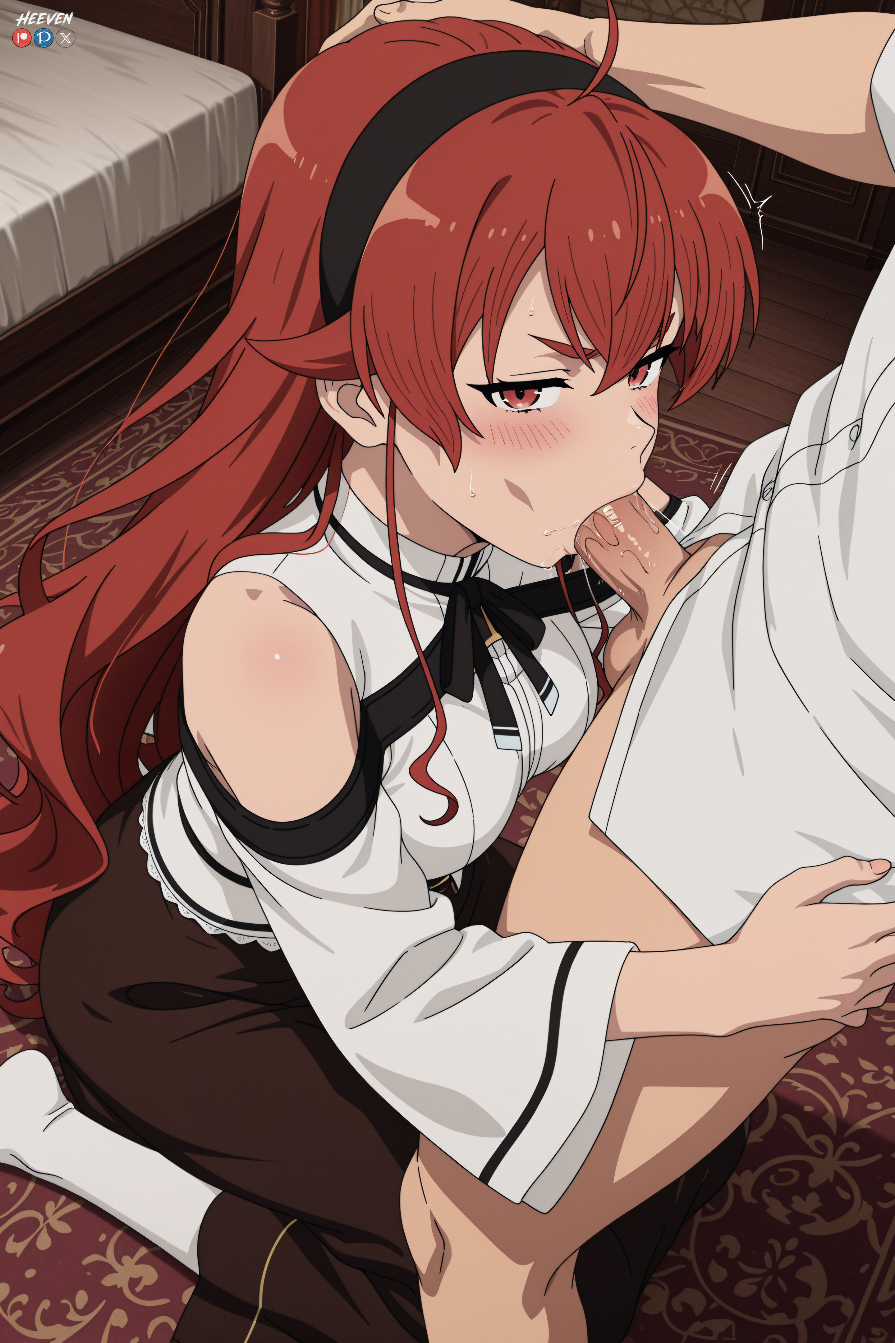 1boy, 1girl, absurdres, adult, ahoge, ai assisted, ai generated, bare shoulders, bed, big breasts, black hairband, blush, breasts, eris greyrat, explicit, fellatio, female, hairband, head grab, heeven, hetero, highres, kneeling, long hair, male, mature, mushoku tensei, mushoku tensei: isekai ittara honki dasu, oral, patreon, patreon username, penis, perfect body, red eyes, red hair, saliva, shirt, sitting, skirt, socks, solo focus, uncensored, wariza, white shirt