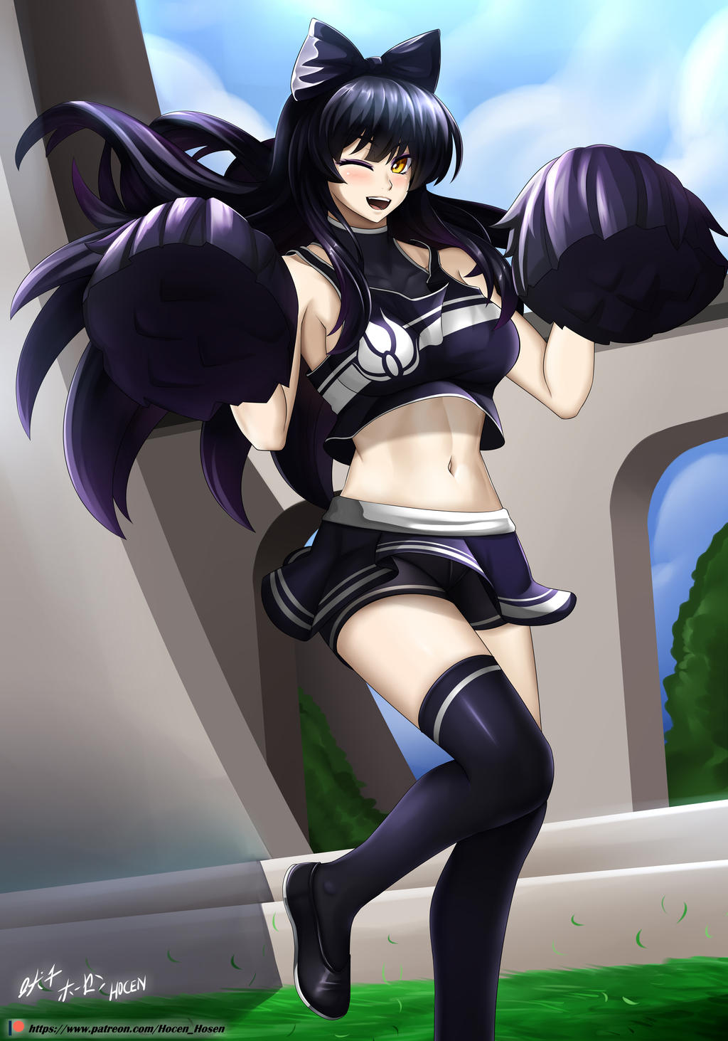 1girls bangs black_hair black_leggings blake_belladonna bow breasts catgirl cheerleader cheerleader_uniform clouds colored columns crop_top female flowing_hair grass hocen large_breasts leggings long_hair looking_at_viewer navel pom_poms rooster_teeth rwby shoes shorts skirt sky smile tagme wink winking winking_at_viewer yellow_eyes