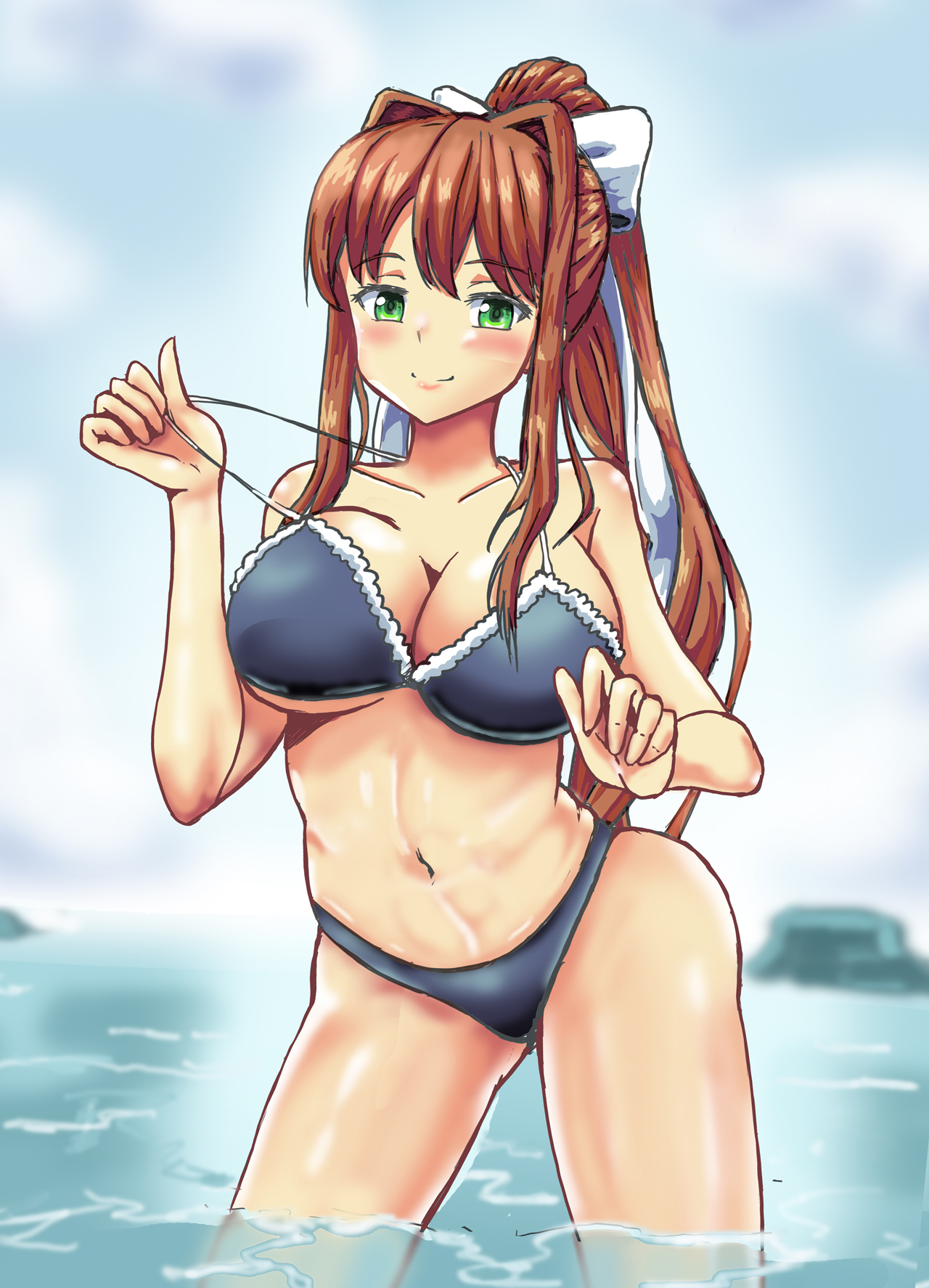 1girls, beach, bikini, black bikini, bra, breasts, doki doki literature club, female, female only, green eyes, hursix, monika (doki doki literature club), ocean, panties, sea, smile, smiling, smiling at viewer, solo, solo female, swimsuit