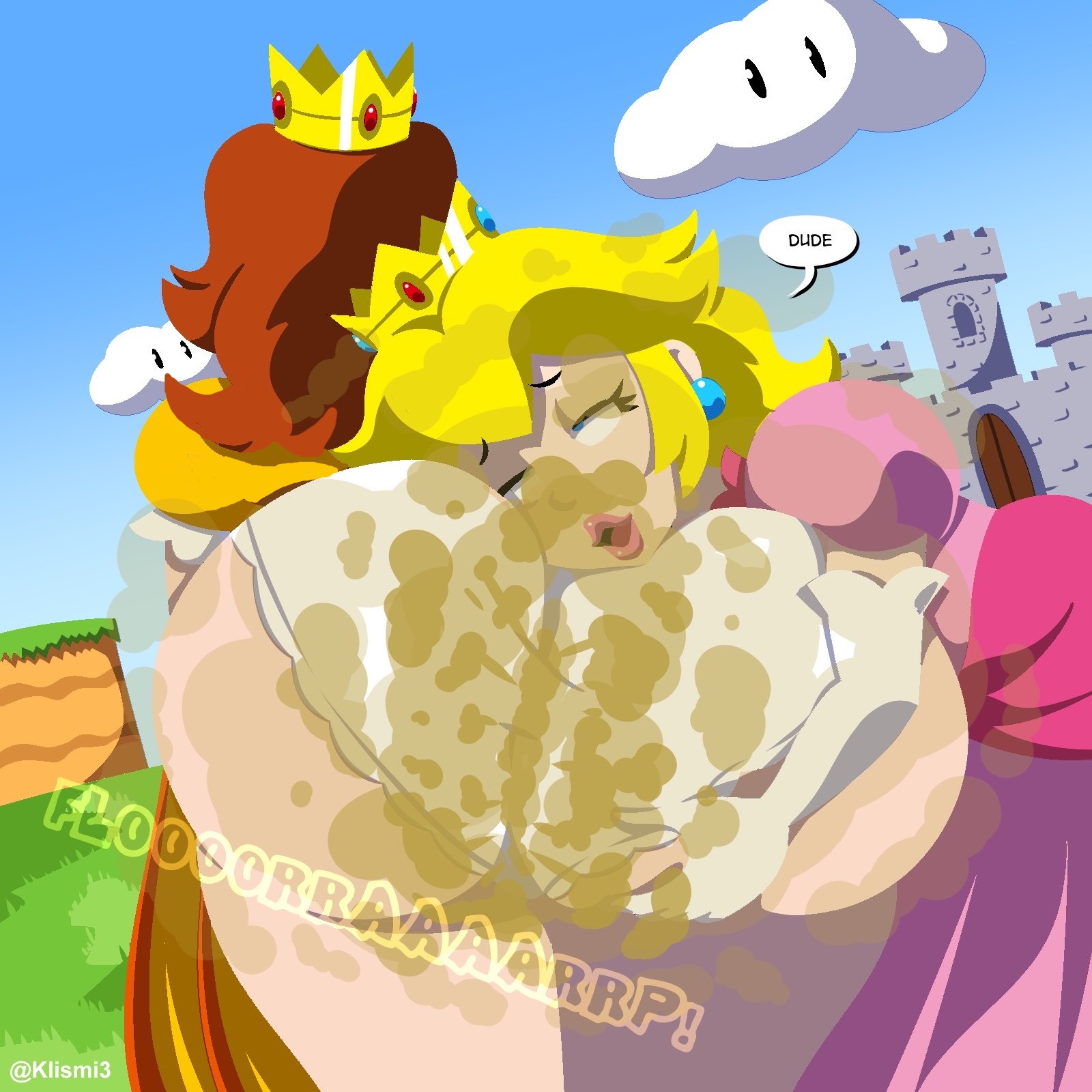 2girls, angel, ass, ass in face, bare legs, brown hair, crown, dirty, dirty ass, dress, excited, face on ass, fart, fart cloud, farting, farts, flatulence, gassy, gassy female, huge ass, legs, mario (series), nintendo, outdoors, pink dress, plump ass, princess, princess daisy, princess peach, smelly, smelly ass, sniffable ass, stinky, stinky ass, tomboy, white panties, yellow dress