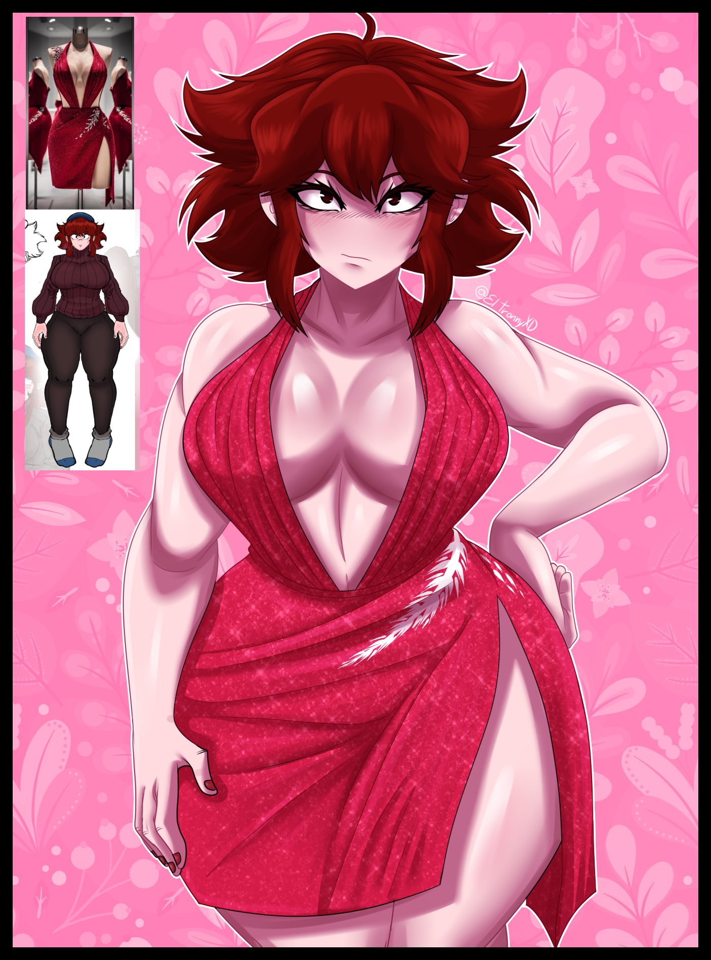 1girls, auburn hair, bbw, beautiful, blush, bottom heavy, chubby, chubby belly, chubby female, cleavage, cleavage cutout, cute, dress, elronnyx, fat, female, french, friday night funkin, friday night funkin mod, girlfriend (friday night funkin), huge breasts, huge thighs, hyper thighs, looking at viewer, massacre girlfriend (friday night funkin), millie (mistful crimson morning), mistful crimson morning, nervous sweat, oc, original, red dress, reference image, thick ass, thick female, thick thighs, thighs, thunder thighs, tight clothing, wide hips