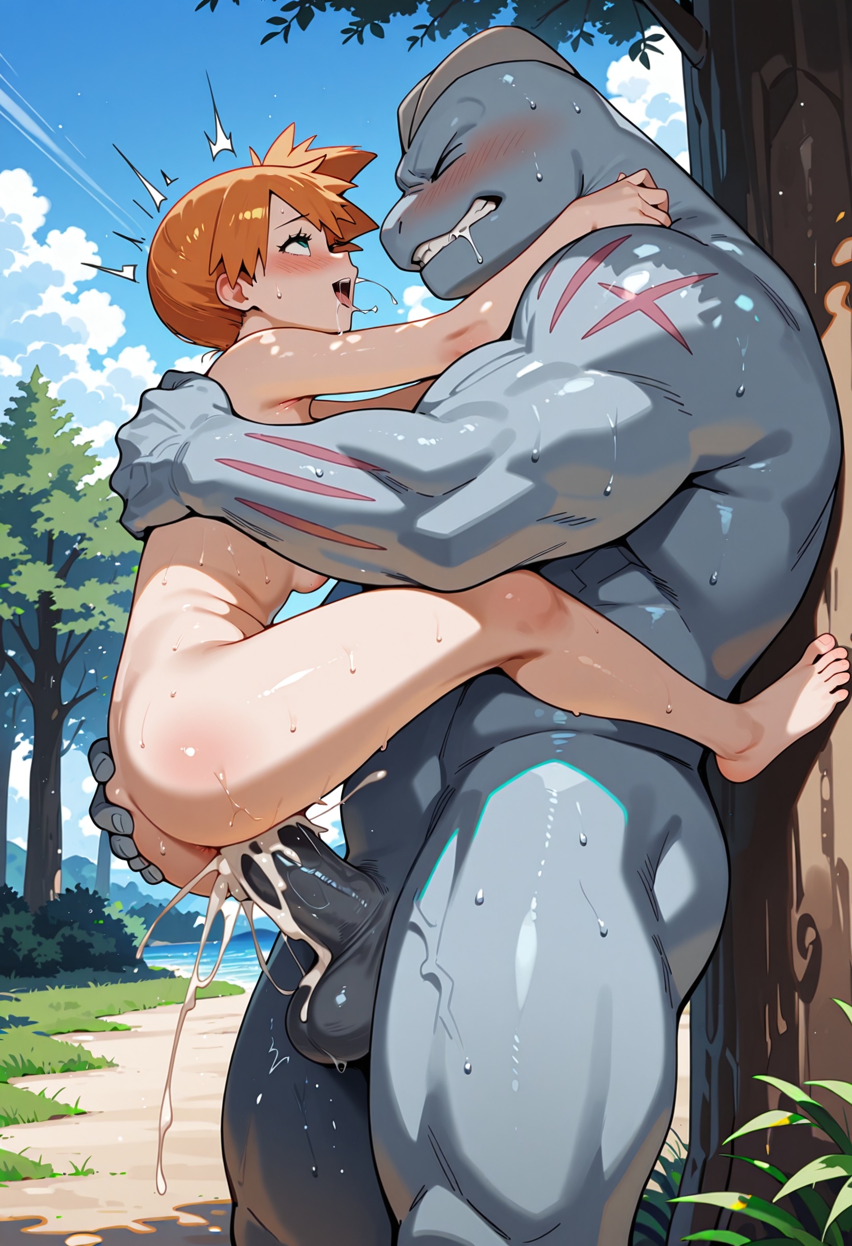 1boy, 1boy1girl, 1girl, 1girl1boy, 1girls, 2026, ai, ai art, ai assisted, ai generated, ai-created, beastiality, breasts, completely naked, completely naked female, completely naked male, completely nude, completely nude female, completely nude male, drooling, duo, female human, female human/male pokemon, female/male, forest, game freak, greymaker, gym leader, hetero, hetero sex, huge penis, hugging, illustrious (stable diffusion), interspecies, interspecies sex, lifting person, machoke, male pokemon, male pokemon/female human, male/female, misty (pokemon), nintendo, orange hair, outdoors, pokemon, pokemon (anime), pokemon (classic anime), pokemon (creature), pokemon (species), pokemon anime, pokemon protagonist, pokemon trainer, pokephilia, rough sex, saliva, sex, short hair, side ponytail, small breasts, smaller female, stable diffusion, taller male, teenage breasts, teenage female, teenage girl, teenage tits, tits, tree, uncensored