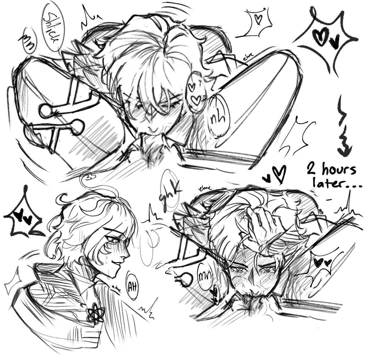 2boys, blowjob, blush, blush lines, blushing, choking, choking on cock, deepthroat, elvearryn, gay, genshin impact, glaring, grin, gripping hair, hand on head, looking at viewer, male only, mitya (genshin impact), monochrome, pubic hair, sketch, small dom big sub, sucking penis, tearing up, tears, teary eyes, thighs, valeriy (genshin impact), yaoi