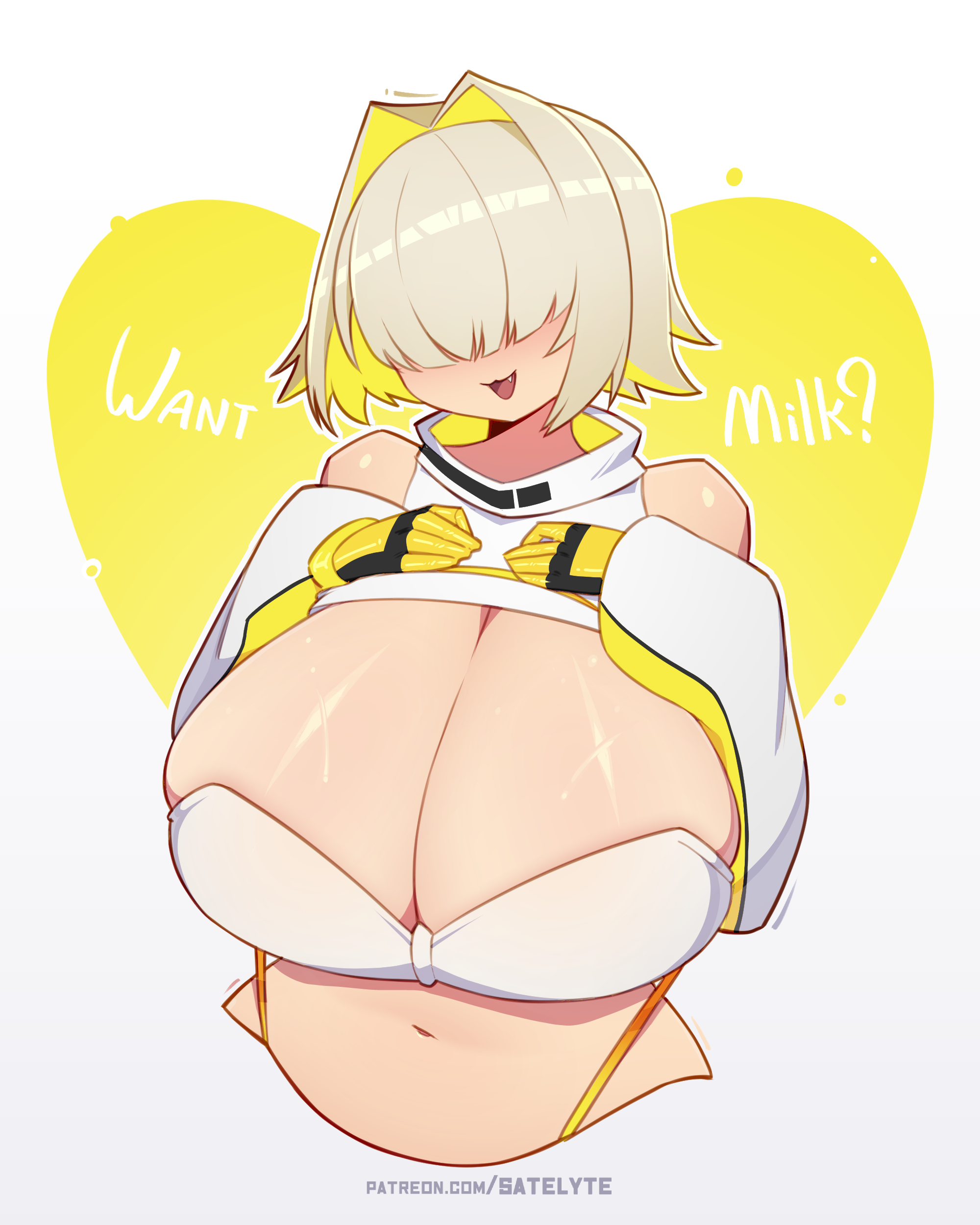 1girl, 1girls, 2026, 2d, 2d artwork, artist logo, artist name, big boobs, big breasts, blush, blushing, boobs, breasts, clothed, clothing, colored inner hair, covered eyes, cute, cute face, damn she thicc as hell, digital drawing (artwork), digital media (artwork), elegg (nikke), female, female focus, female only, gloves, goddess of victory: nikke, hair intakes, hair over eyes, hand on boob, hand on breast, heart, heart symbol, hearts, hi res, highres, hot, looking at viewer, milk, multicolored hair, nikke, no eyes, painted clothes, robot, robot girl, robot humanoid, satelyte, sexy, simple background, solo, solo female, solo focus, teeth, text, text bubble, thicc, thicc breasts, thick, thick boobs, thick breasts, thigh strap, watermark, white background, white body, white skin, wholesome