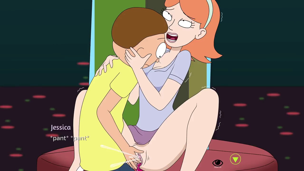 1boy, 1girls, big breasts, breasts, brown hair, cumming, female, ferdafs, finger fuck, fingering, hairband, jessica (rick and morty), long hair, male, morty smith, orange hair, pleasure face, pussy, pussy ejaculation, pussy juice, rick and morty, rick and morty: a way back home, rolling eyes, skinny, skirt up, spread legs, squirting, tight clothing, vagina, vaginal juices, vaginal object insertion