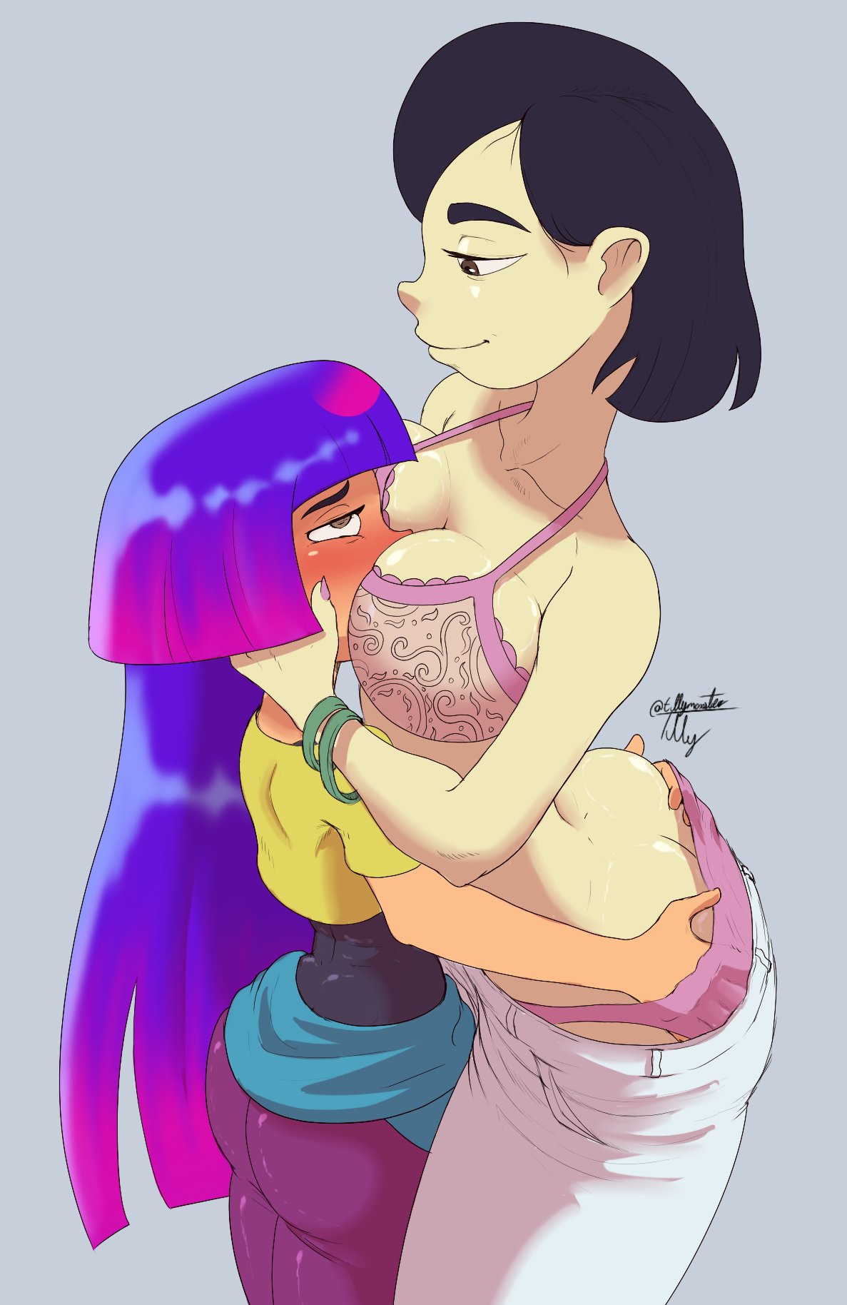 2girls, aged up, armwear, ass, ass grab, big breasts, black eyes, black hair, bottomwear, bra, bracelet, clothing, daughter, face on breast, female, female only, glitch techs, hair, hands on ass, incest, lace, lace trim, lace-trimmed bra, long hair, mature, mature female, mature woman, mayumi kubota, miko kubota, milf, mother, mother and daughter, nail polish, nails, panties, pants, pink bra, pink nail polish, pink nails, pink panties, purple hair, shirt, short hair, smile, thighs, topwear, tullymonst3r, two tone hair