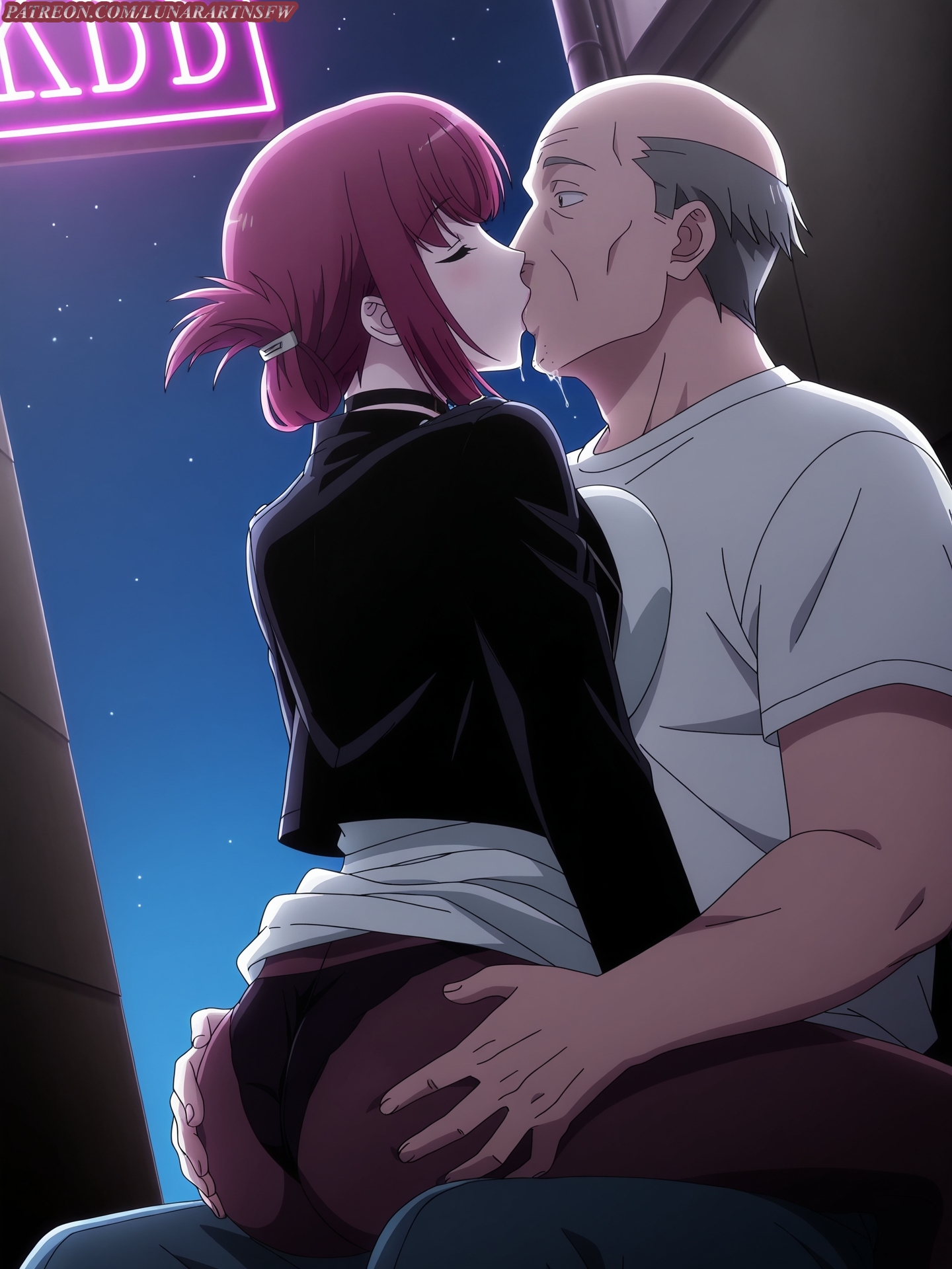 1boy, 1girls, 2d, ai generated, alley, ass, balding, breast press, cheating, choker, closed eyes, clothed, clothed sex, fat male, grabbing another's ass, grey hair, groping, hair ornament, hetero, kiss, kissing, kissing while penetrated, large breasts, leather jacket, lipstick, lunarart, neon lights, netorare, night, ntr, old male, older male and younger female, panties, pantyhose, red hair, saliva, saliva drip, sex, shirt lift, sidelocks, stockings, straddling, straight, super no ura de yani suu futari, tayama (super no ura de yani suu futari), ugly bastard, ugly man, upright straddle, watermark