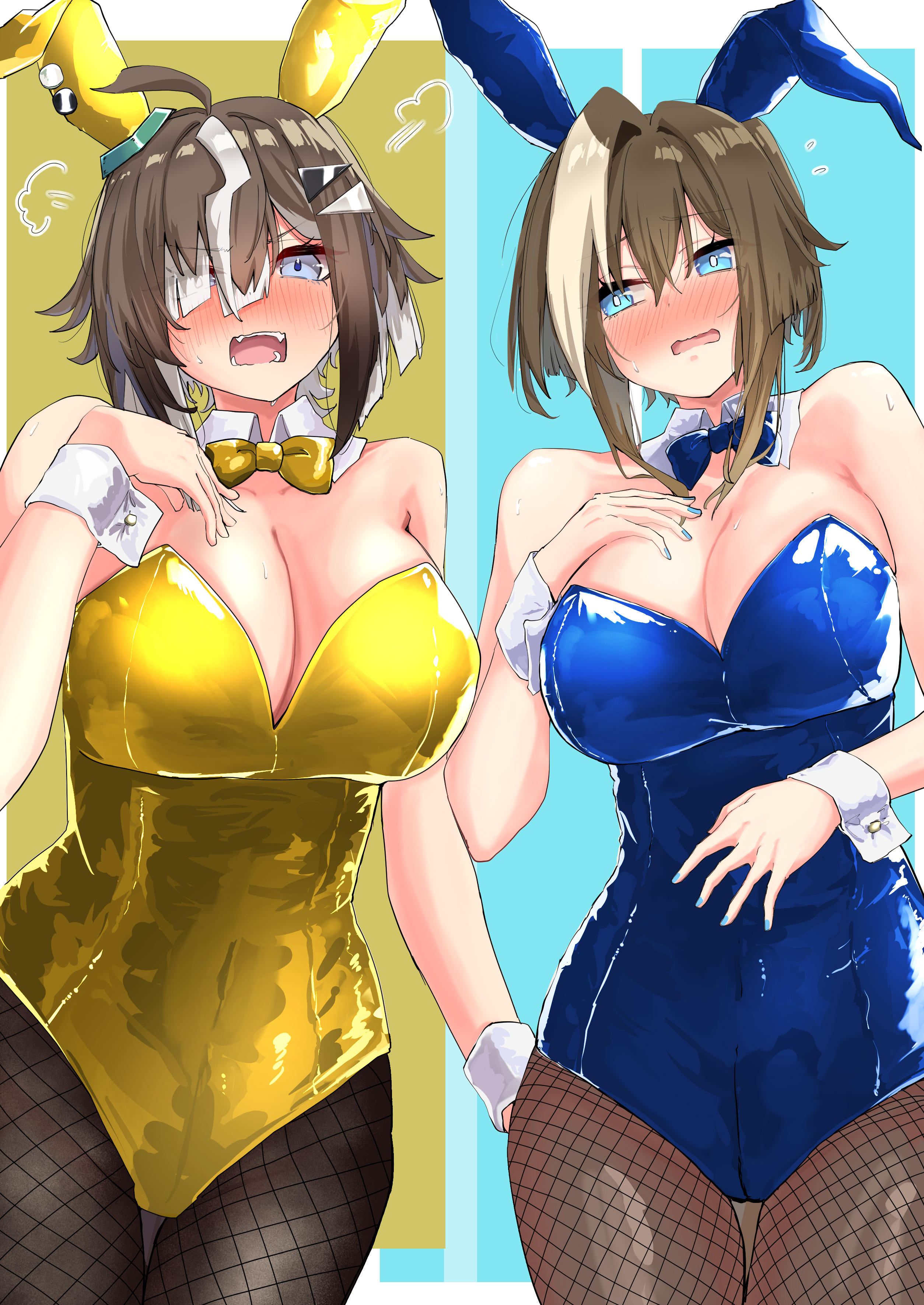 2girls, artist request, black pantyhose, blue eyes, blue leotard, brown hair, bunny ears, bunnysuit, cheval grand (umamusume), cleavage, fishnet pantyhose, fishnets, horse girl, large breasts, looking at viewer, multicolored hair, nose blush, open mouth, pantyhose, playboy bunny, playboy bunny leotard, rulership (umamusume), short hair, strapless leotard, umamusume, umamusume pretty derby, white wrist cuffs, wrist cuffs, yellow leotard