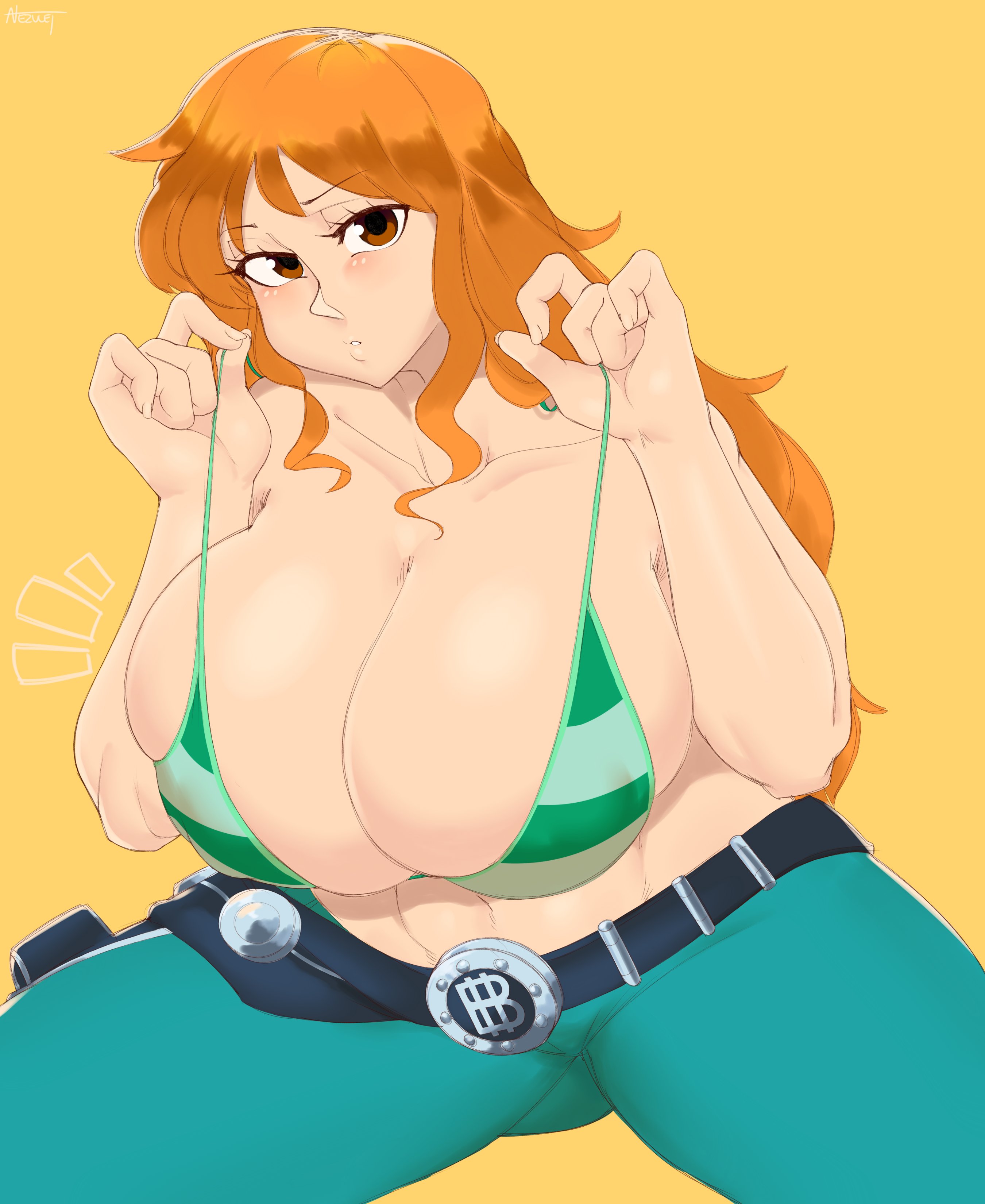 big breasts, bikini, breasts, cleavage, female, female only, green bikini, jeans, long hair, nami (one piece), nezulet, one piece, orange hair, post-timeskip, striped bikini