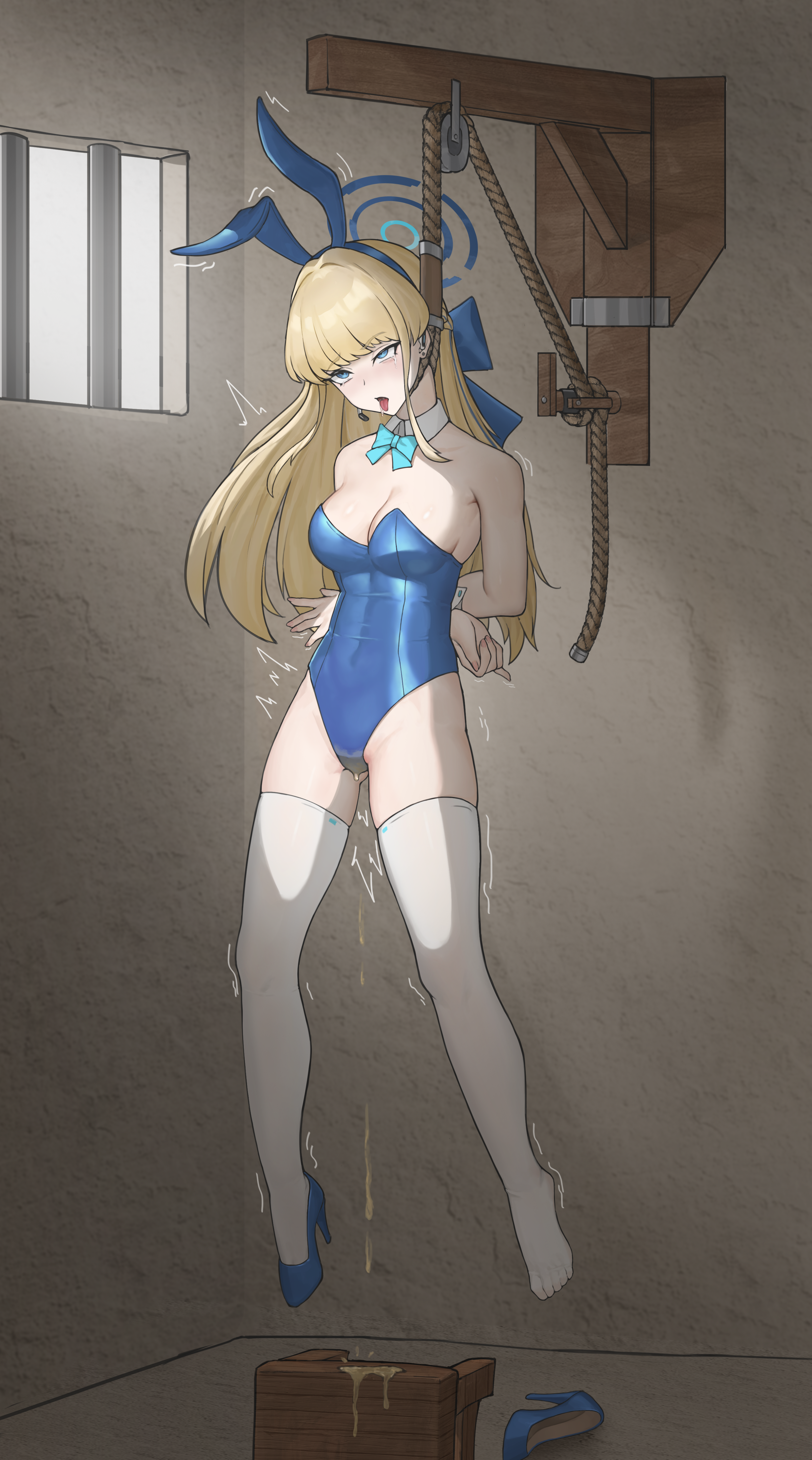 1girls, arms behind back, asphyxiation, blue archive, bondage, bunny girl, crying, drooling, hanged, imminent death, noose, pissing, rope, snuff, toki (blue archive), toki (bunny) (blue archive)