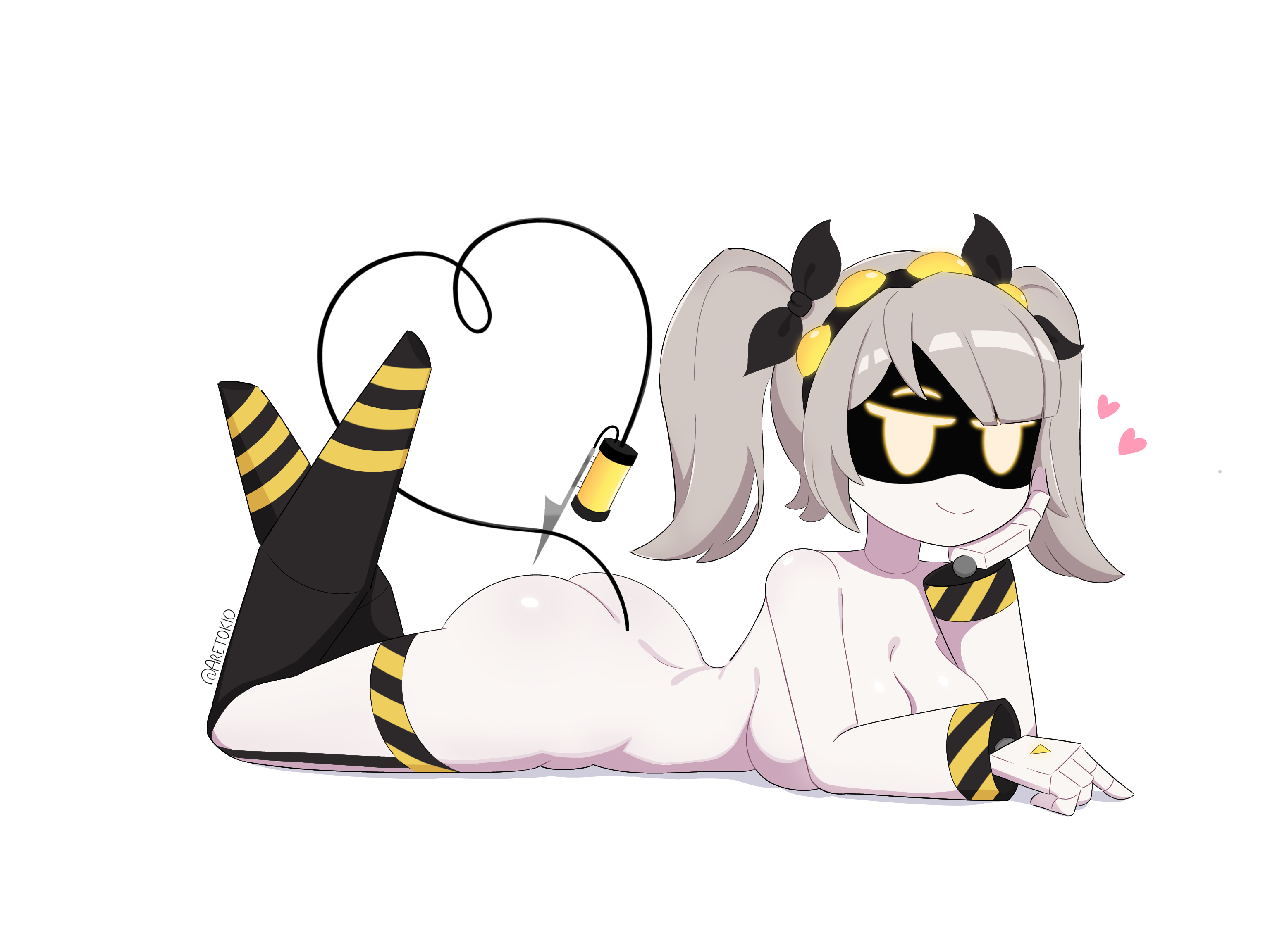 1girls, aretokio, blush, blushing female, boobs, breasts, completely nude, female, female focus, female only, grey hair, j (murder drones), murder drones, robot girl, solo, solo female, solo focus, tail, white background, yellow eyes