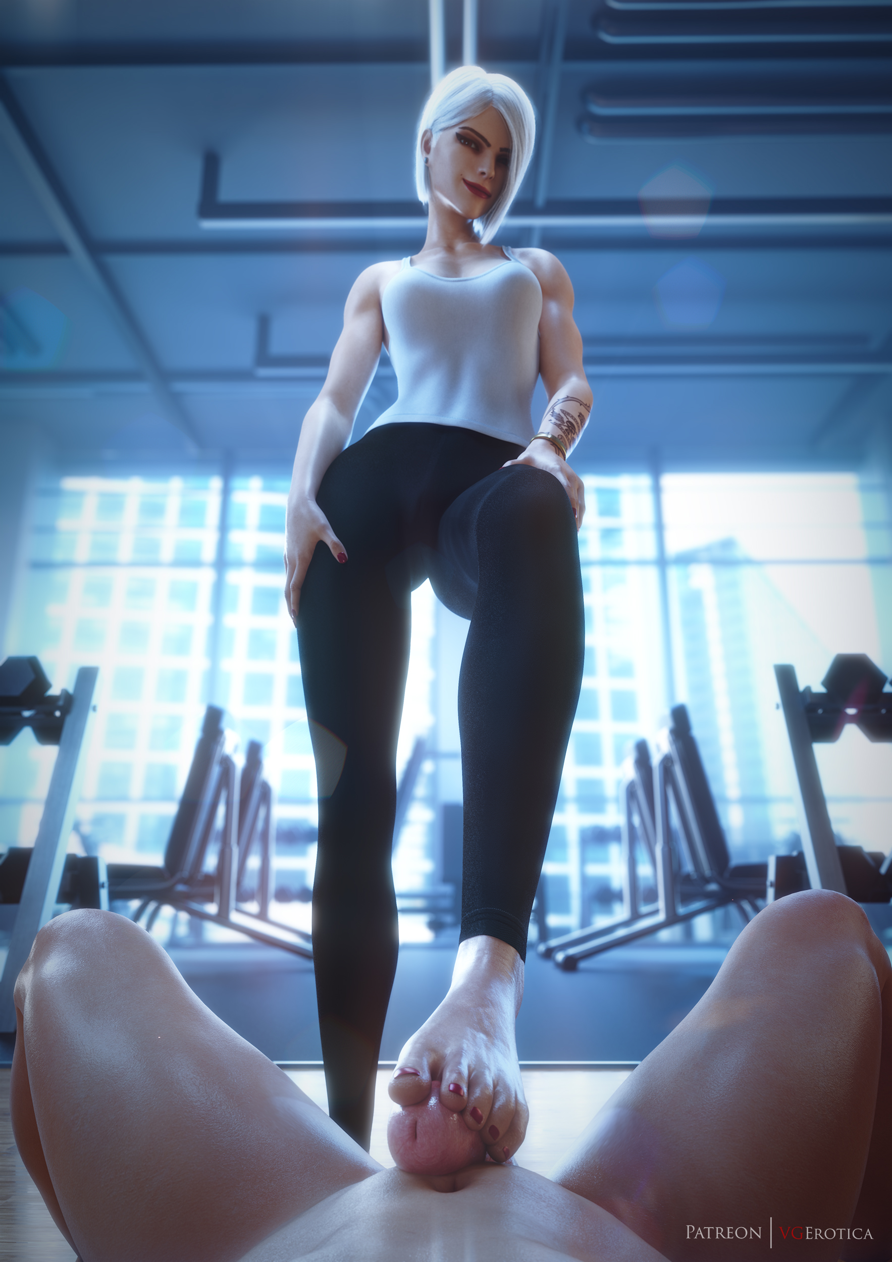 1boy, 1girls, 3d, ashe (overwatch), barefoot, beauty mark, big penis, blender, blender (software), blizzard entertainment, bracelet, breasts, cameltoe, cfnm, clothed female, clothed female nude male, erect penis, erection, feet, female, femdom, foot fetish, foot play, footjob, footjob with legwear, glistening, glistening body, glistening skin, gym, gym clothes, gym clothing, gym shirt, gym uniform, large breasts, leggings, lipstick, looking at viewer, makeup, male, male pov, malesub, nail polish, nude, nude male, nude male clothed female, only one naked, outercourse, overwatch, penis, pov, pussy, red lipstick, red nail polish, red nails, red toenails, shiny skin, short hair, smile, smiling, smiling at viewer, sports uniform, sportswear, standing, standing footjob, stepped on, stepping on penis, sweat, sweaty, tattoo, tattooed arm, toenail polish, toes, unwatermarked version available, vgerotica, white hair, white tank top, yoga pants