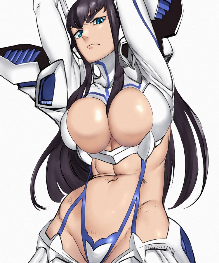1girls, armor, big breasts, black hair, black-haired female, blue eyes, breasts, cleavage, female, female only, huge breasts, junketsu, kill la kill, kiryuuin satsuki, long hair, masakado eeeee, revealing clothes, solo, thick eyebrows