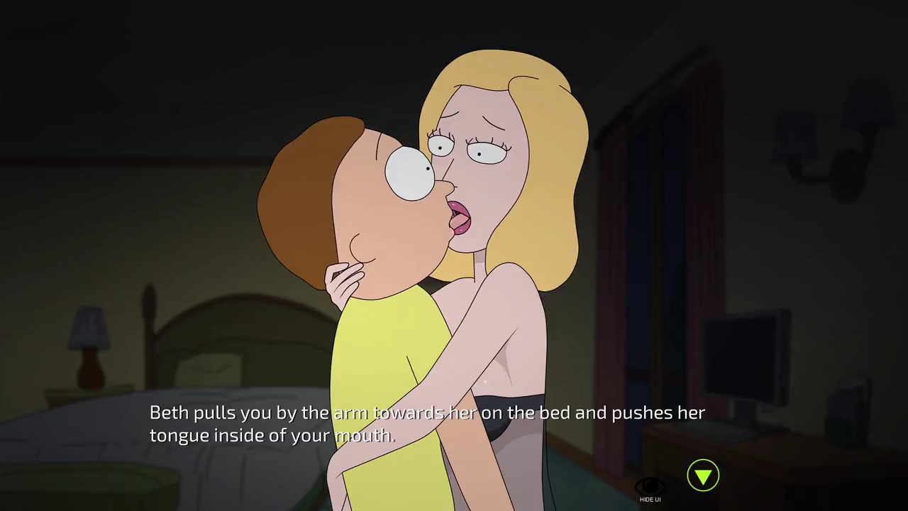 1boy, 1girls, babydoll, beth smith, blonde hair, bra, brown hair, female, ferdafs, french kiss, incest, kissing, lipstick, long hair, male, milf, morty smith, mother, mother and son, older female, older female and younger male, red lipstick, rick and morty, rick and morty: a way back home, shoulder length hair, skinny male, tongue, tongue kiss, tongue out