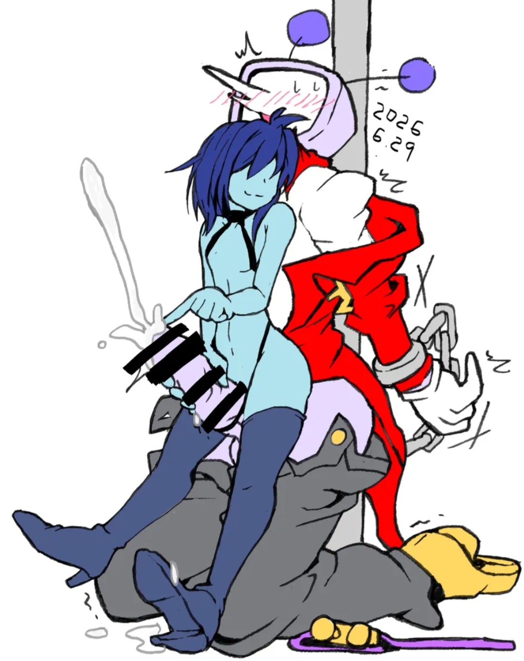 1boy, 1girl, 2d, ambiguous on top, antenna wire, antennae, antennae (anatomy), bigger male, blue hair, blue skin, blush, blushing, bondage, bow, bowtie, chained, chained up, chains, cosplay, cum, deltarune, deltarune chapter 3, digital drawing (artwork), digital media (artwork), dominant, erect penis, feminine pose, flat chest, flat chested, girly, gloves, hair over eyes, half-dressed, hands behind head, holding, holding penis, kris (deltarune), kris female (deltarune), male, malesub, monochrome background, non-human, on knees, penis, penis out, petite, petite body, red suit, red suit jacket, screen, screen face, screen head, shackles, short hair, simple background, simple shading, sitting on penis, sitting on person, size difference, size play, smaller female, smile, smug, smug face, stockings, stockings thigh highs, stripper pole, submissive male, suit, suspension, tenna (deltarune), touching penis, tv, tv head, undertale (series), white background, yellow tie