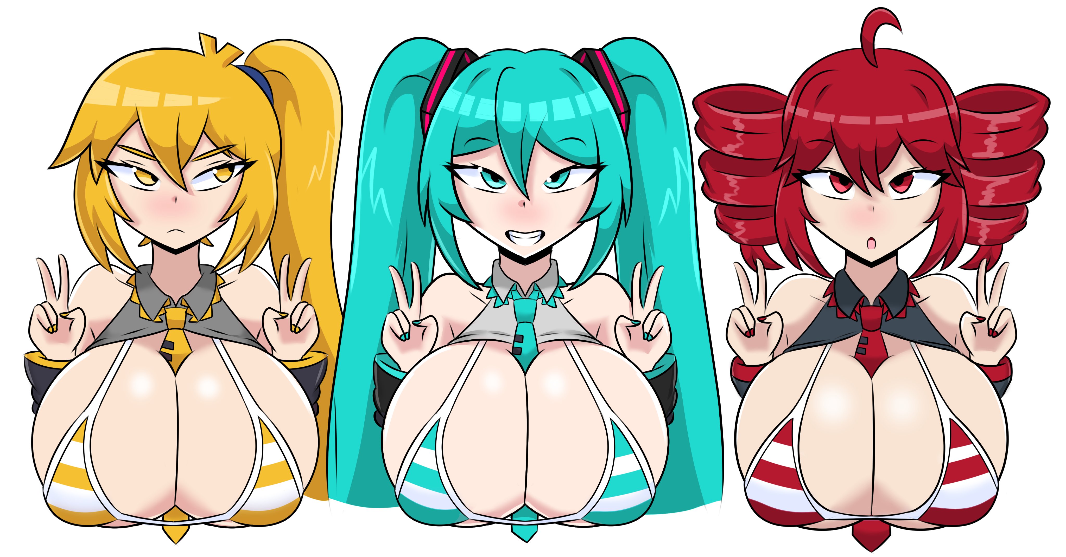 3girls, akita neru, alternate breast size, bangs, bare shoulders, bikini, blonde hair, breasts, bumzle, cleavage, detached sleeves, double v, drill hair, eyes visible through hair, hatsune miku, huge breasts, kasane teto, long hair, looking at viewer, multiple girls, necktie, red eyes, red hair, smile, string bikini, striped, striped bikini, swimsuit, triple baka (vocaloid), twin drills, twintails, utau, v, vocaloid, w, white background, yellow eyes