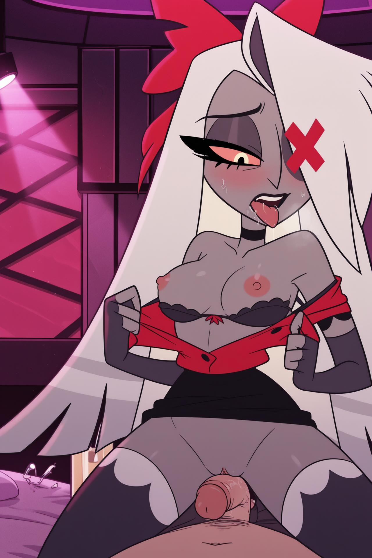 ai generated, angel, bra, cowgirl position, dark-skinned female, female, hazbin hotel, hot, male, penis, popolio, pussy, sexy, sweat, tagme, tagme (artist), undressing, vaggie (hazbin hotel), white hair, woman, woman on top