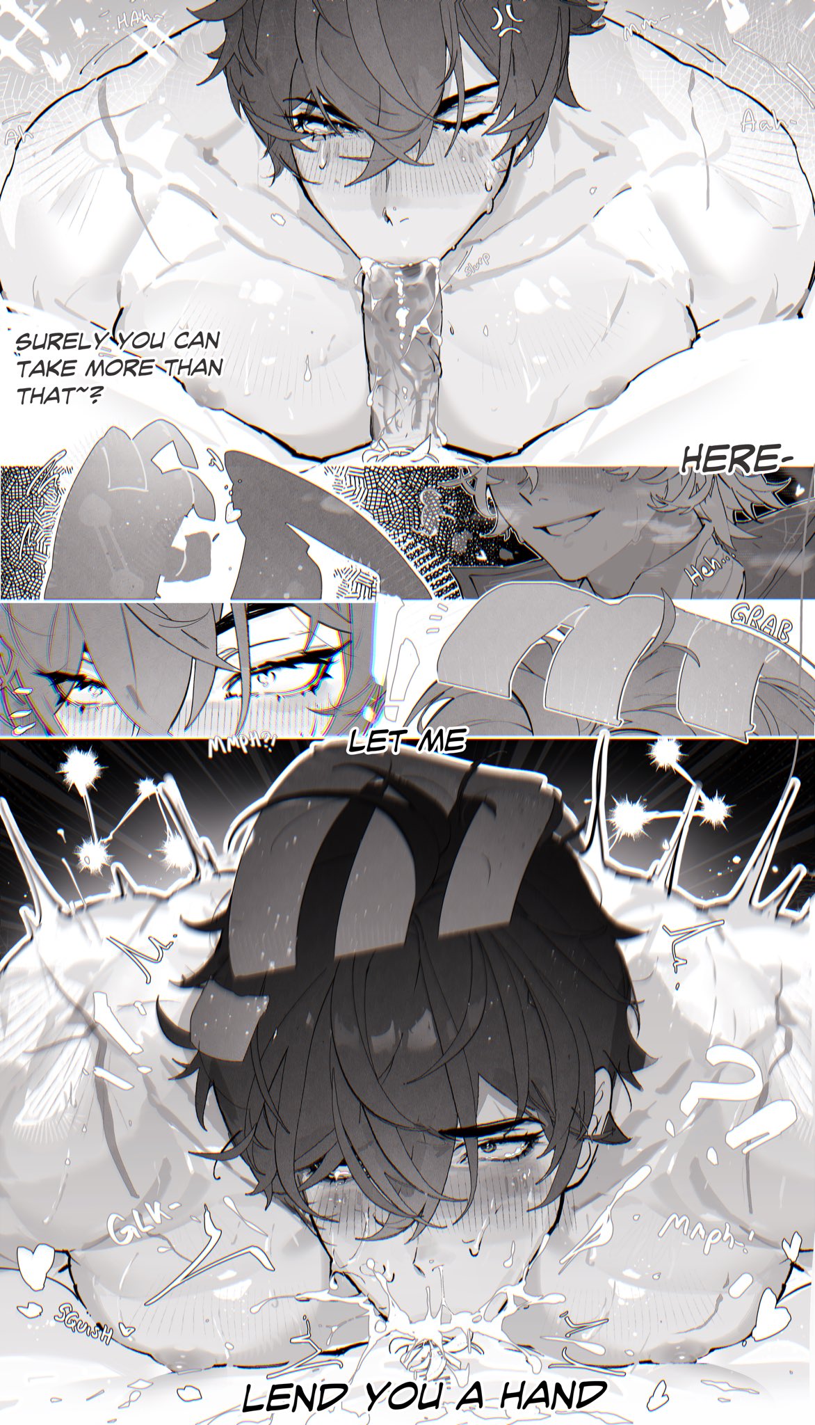 2026, 2d, blowjob, blush, english, english text, gay, gay blowjob, gay male, genshin impact, jv0202021, licking, licking penis, male, male focus, male only, male/male, mitya (genshin impact), muscular, muscular male, oral, oral penetration, oral sex, small dom big sub, small top big bottom, uncensored, valeriy (genshin impact), yaoi