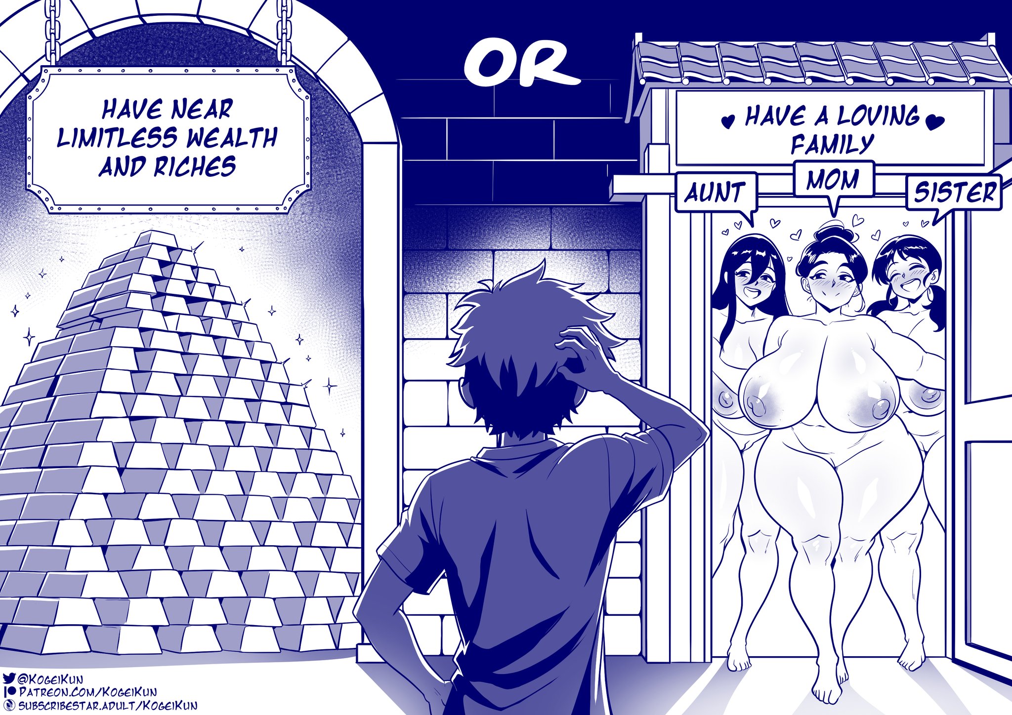 1boy, 3girls, big ass, big breasts, big nipples, blush, choice, clothed male, clothed male nude female, faceless male, gold (metal), hallway, hand on hip, hearts around head, kogeikun, long hair, naked, naked female, original, original character, original characters, pigtails, scratching head, sign, smile, thick thighs, tied hair