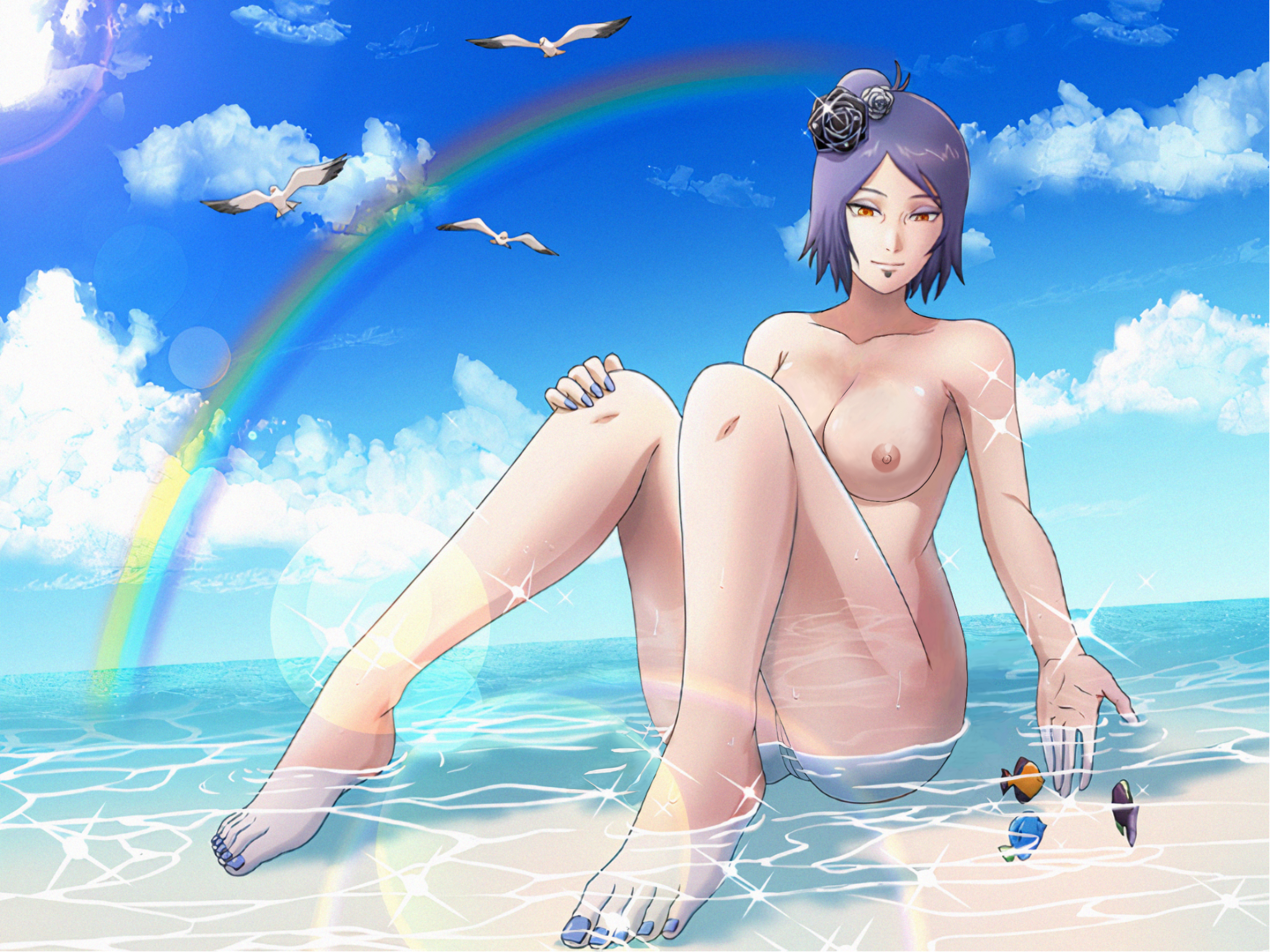 1girls, areolae, bare shoulders, barefoot, beach, bent knees, big breasts, big feet, bird, blue hair, blue sky, breasts, cleavage, clouds, colored nails, completely nude, dp1757, edit, eyeshadow, facial piercing, female, female only, fish, flashing, flower, flower in hair, hair buns, hair flower, hair ornament, innie pussy, konan, long hair, long toes, looking down, makeup, mascara, mature, mature female, nail polish, naked, naruto, naruto (series), naruto shippuden, nipples, nude, nude filter, outdoors, parted bangs, partially submerged, piercing, pussy, rainbow, rainbow tail, sand, seagull, shiny, shiny hair, shiny skin, side bun, sitting, skindentation, sky, smile, solo, solo female, solo focus, sunlight, tied hair, water