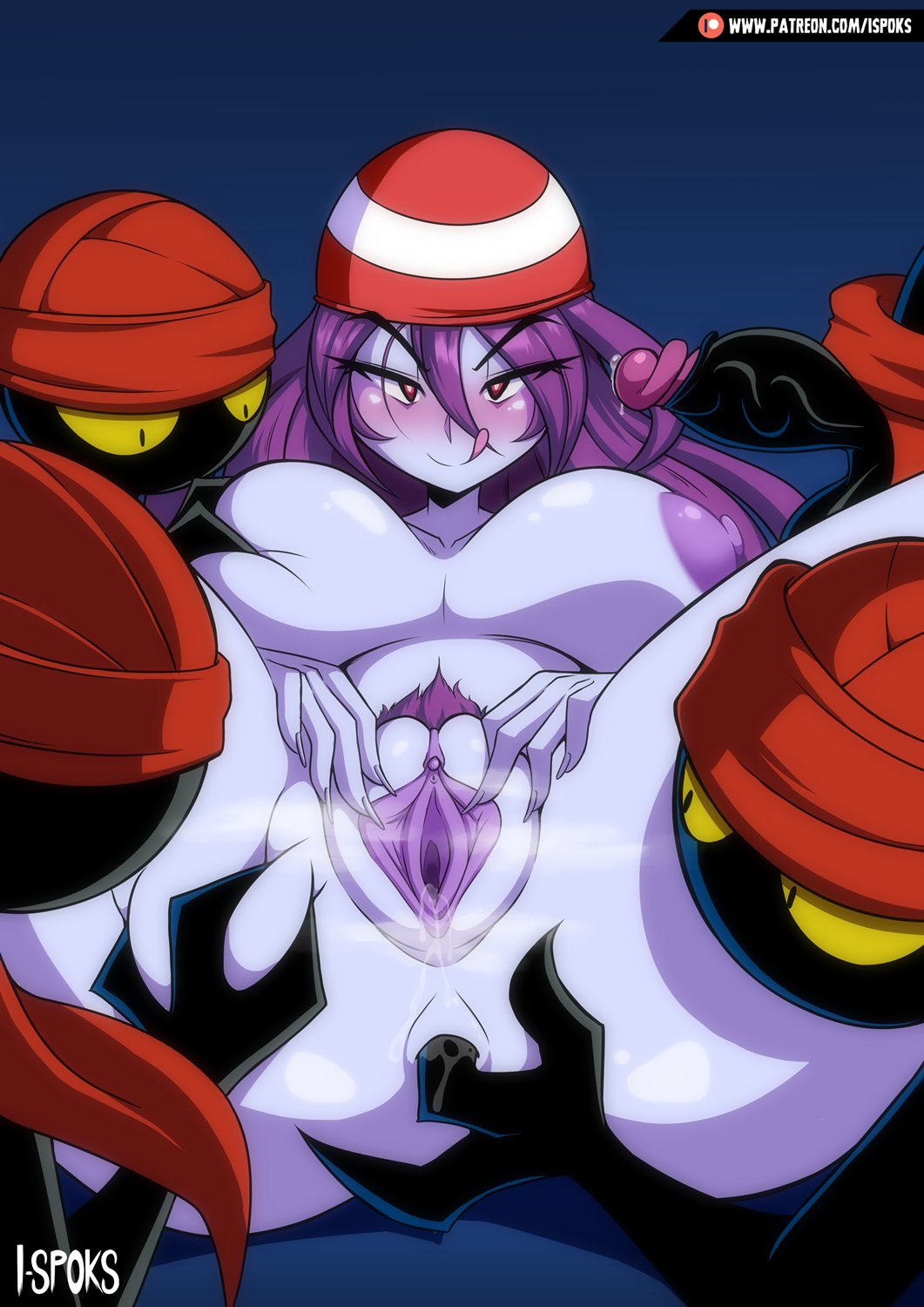 anal, anal fingering, female, fur, ilustretsspoks, looking at viewer, male, monster boy, purple hair, purple pussy, purple skin, pussy, pussy juice, risky boots, shantae, tinkerbat, underling, villain, villainess
