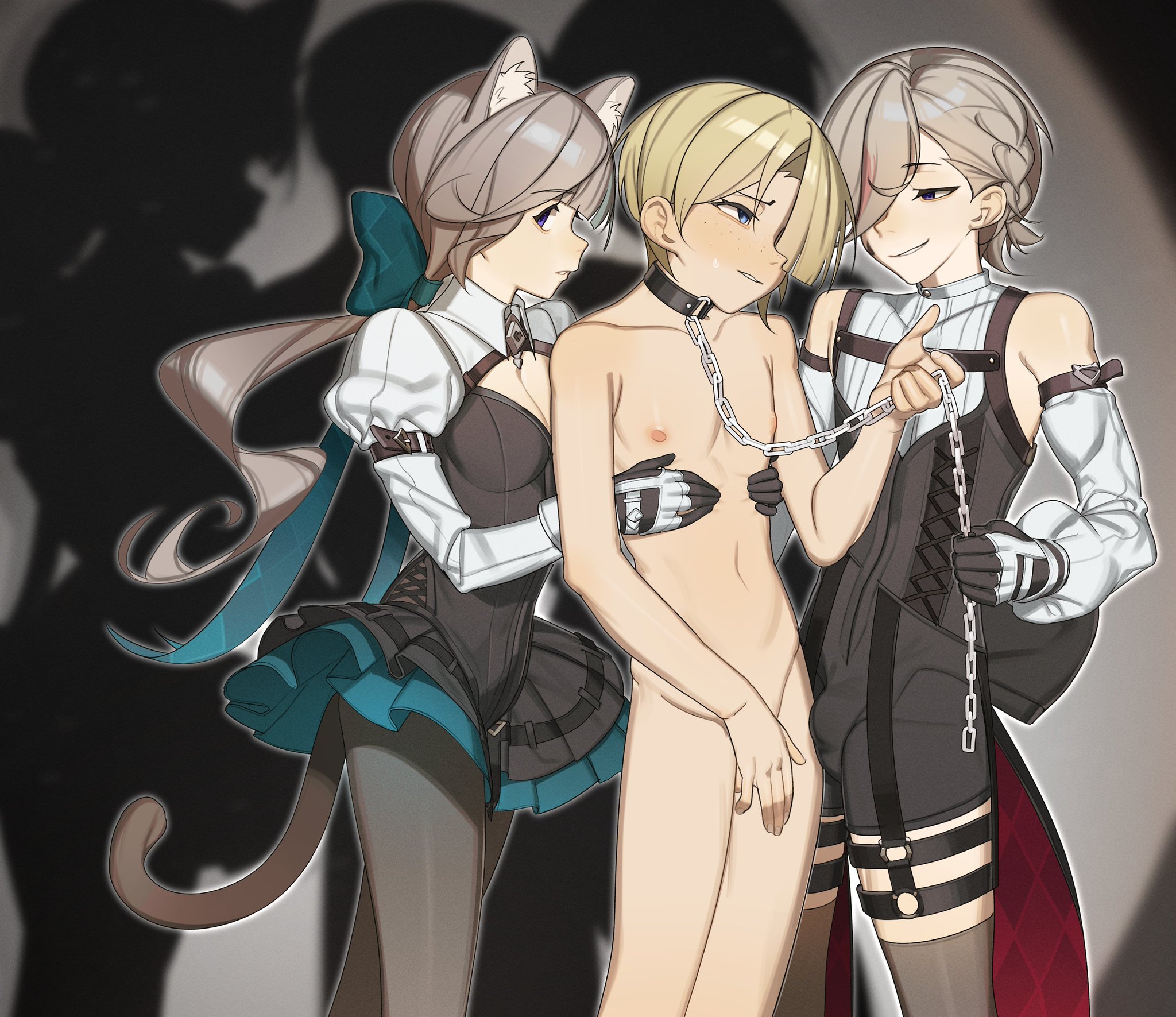 1girls, 2boys, bisexual, bisexual male, bulge, collar, female, femboy, freminet (genshin impact), gay, genshin impact, leash, leash and collar, light skin, light-skinned male, lynette (genshin impact), lyney (genshin impact), naked, naked male, naomifiction, nude, nude male, performance, performing, showing off, stage, twink, yaoi