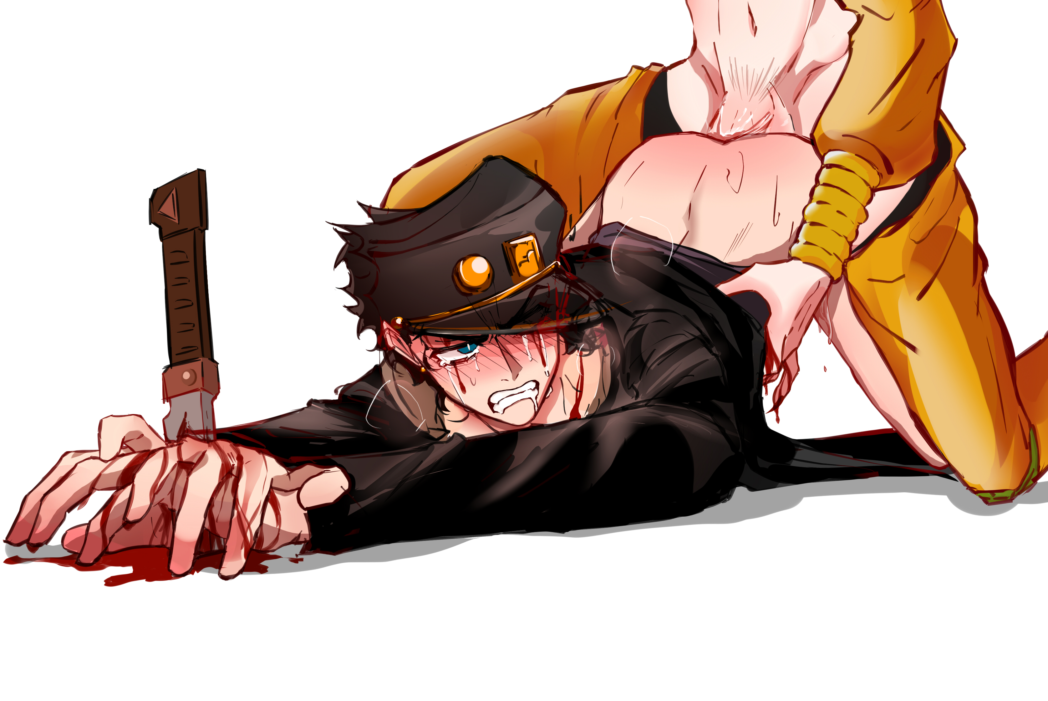 2boys, age difference, anal, ass, blood, crying, crying with eyes open, dio brando, doggy style, forced, gay, gore, gritted teeth, hands, injury, jojo's bizarre adventure, jotaro kujo, knife, male, male only, male penetrated, male rape victim, male/male, partially clothed, penis, rape, restrained, school uniform, stardust crusaders, vampire, wounded, yaoi