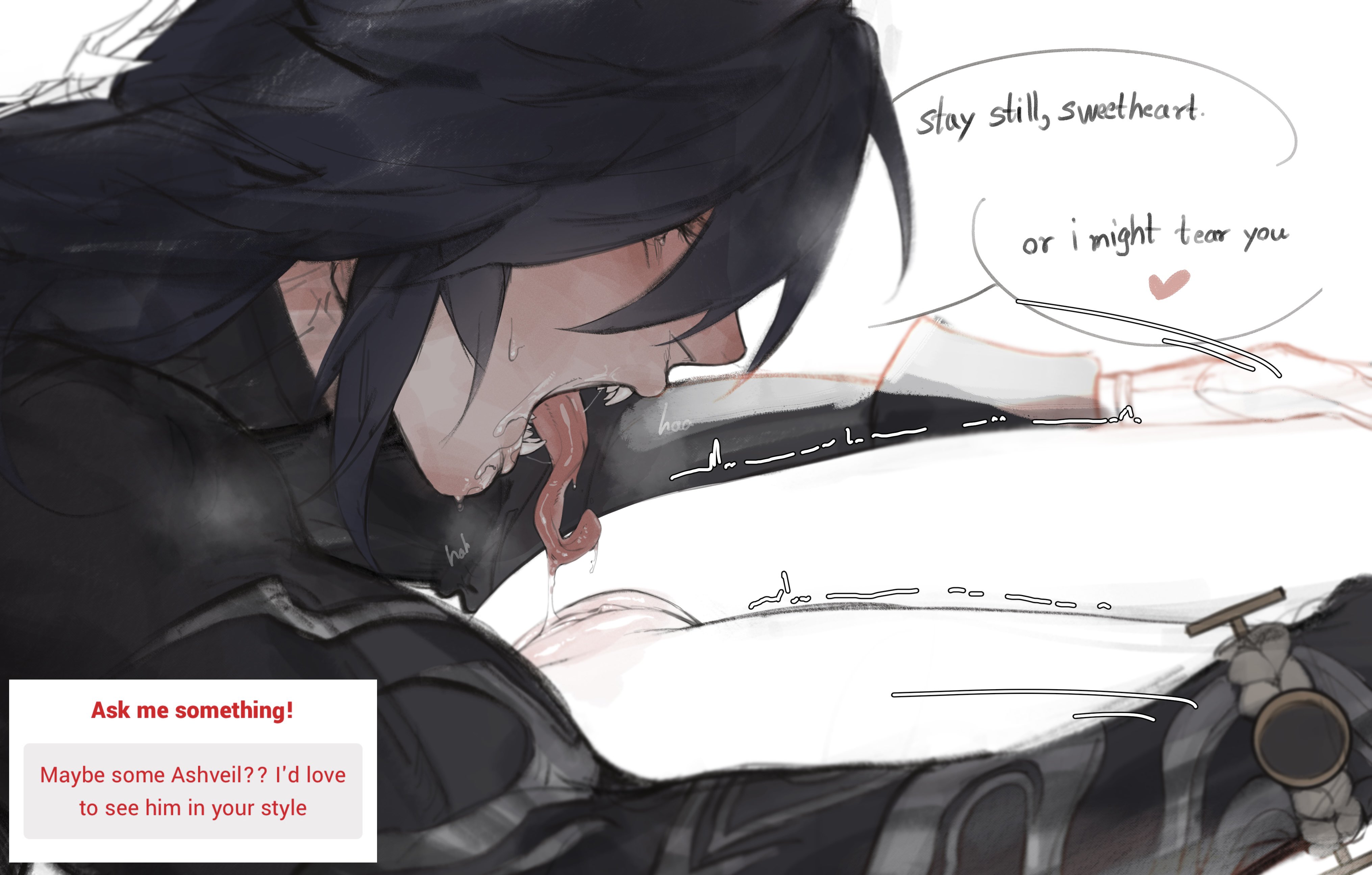 1boy1ambiguous, ambiguous gender, anonymous character, anticipation, ashveil (honkai: star rail), blush, blushing, clothed, clothed male, daddy, desperate, desperation, dilf, drool, drool string, drooling, eating, eating pussy, echoei3, eye contact, honkai: star rail, hoyoverse, huge tongue, imminent oral, imminent sex, inhuman, intimate, long hair, long hair male, long tongue, male, male focus, male only, mihoyo, non-human body, older male, oral, panting, prosthetic, prosthetic arm, pussy, self-insert, sharp teeth, shivering, solo focus, speaking, speaking to partner, strawpage request, text, text bubble, twitching, vagina, warning, wolf boy, wolf humanoid, y/n