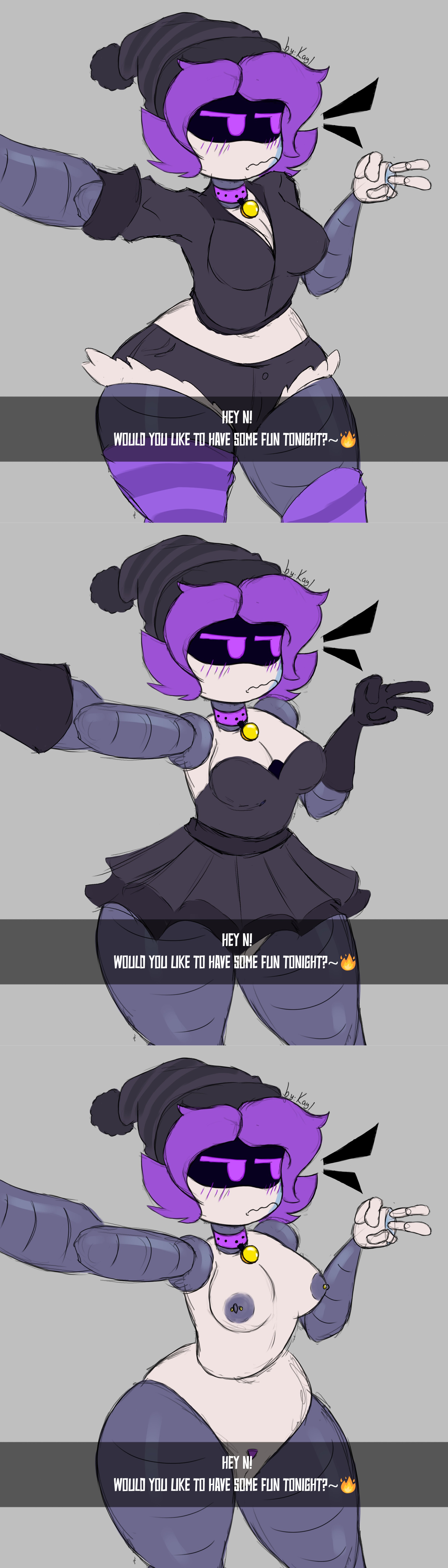 1girls, 2d, areola, ass, big ass, big thighs, blush, breasts, clothed, collar, dialogue, dialogue box, drone, english text, female, female only, huge ass, huge thighs, kayl, medium breasts, murder drones, nipples, purple eyes, purple hair, pussy, robot, robot girl, robot humanoid, solo, tagme, teasing, text, thick hips, thick thighs, thighs, uzi (murder drones)