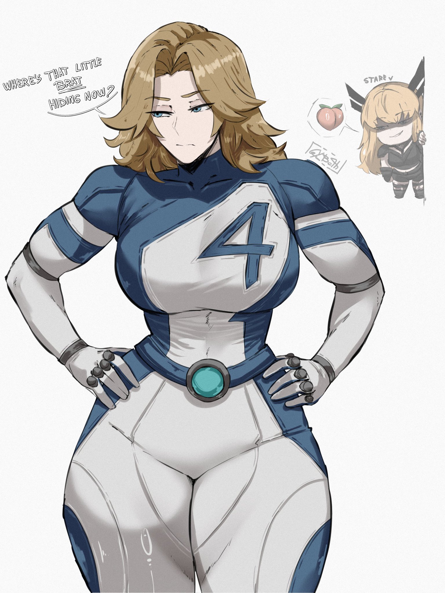 2025, 2d, 2girls, big breasts, brat, clothed, fantastic four, female, female only, fully clothed, gybeth, huge breasts, invisible woman, invisible woman (marvel rivals), looking at ass, magik (illyana rasputin), magik (marvel rivals), marvel, marvel rivals, milf, peach (fruit), skin tight, skindentation, solo, staring at ass, sue storm, thick thighs, tight clothing, tight fit, yuri