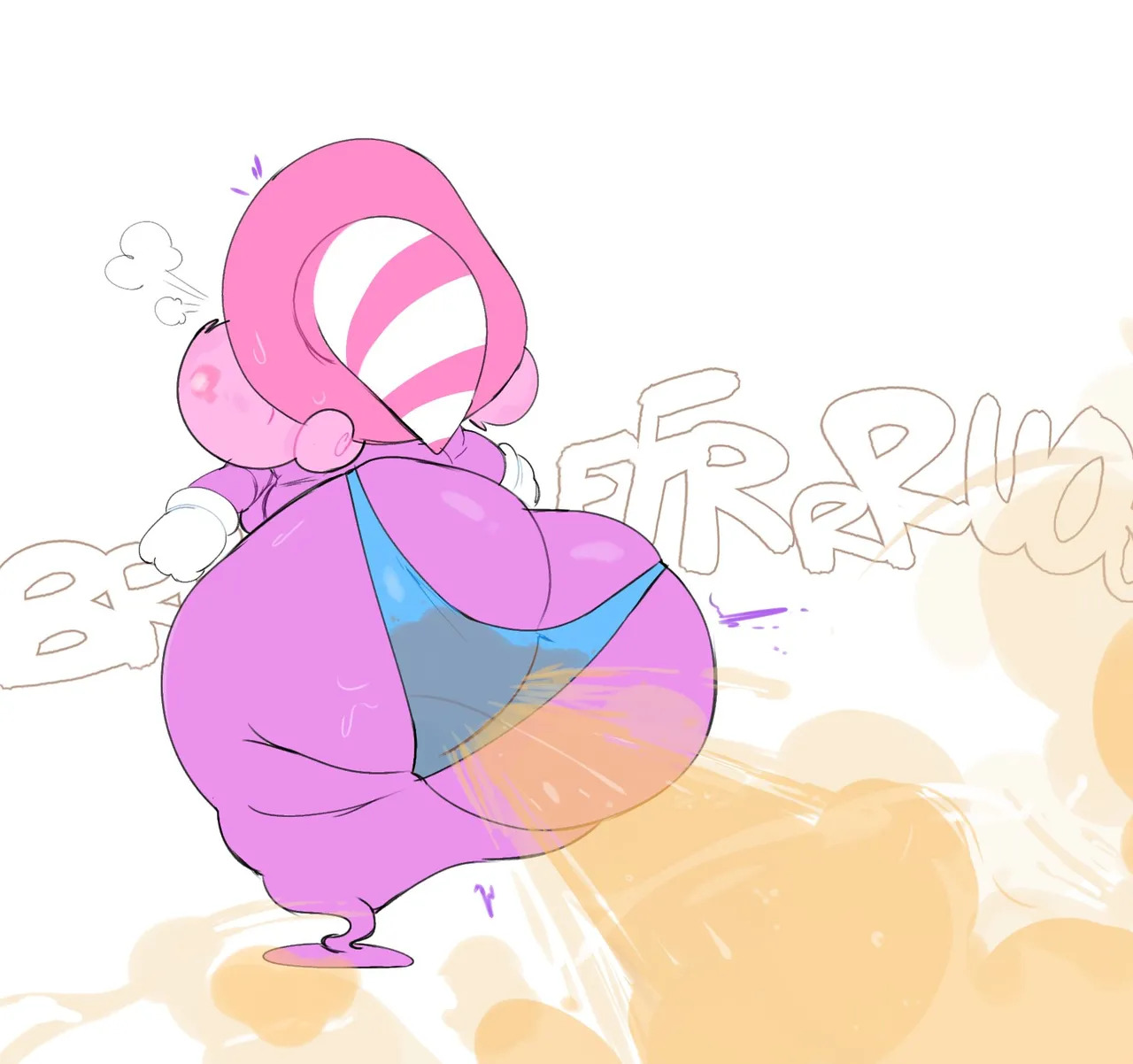 1girl, ass, blue panties, butt crack, colored skin, english text, fart, from behind, gloves, hat, higher resolution available, huge ass, mario (series), nintendo, novacartridge (artist), panties, paper mario, paper mario: the thousand-year door, purple skin, simple background, solo, sound effects, stained panties, sweat, swimsuit, thick thighs, thighs, underwear, vivian (paper mario), white background, white gloves